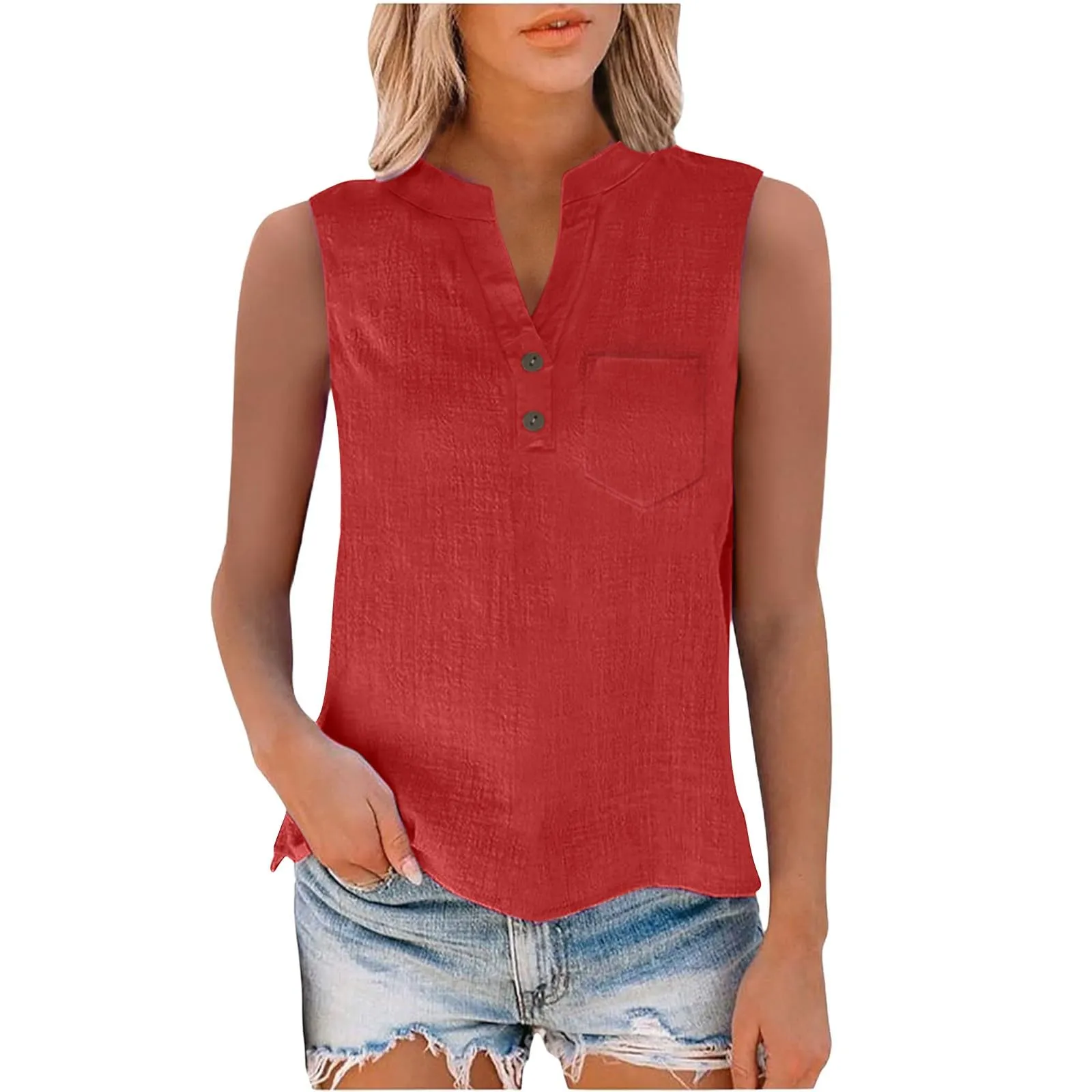 Camicetta in lino da donna, estiva, oversize, senza maniche, elegante, con scollo a V, per il tempo libero, grandi dimensioni, camicetta per tutti i giorni, Colore: rosso, XL - immagine 5