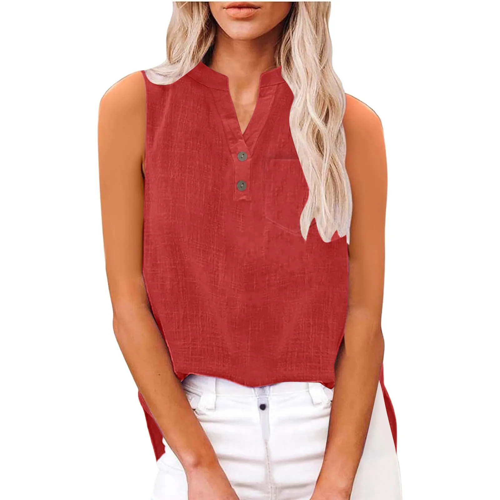 Camicetta in lino da donna, estiva, oversize, senza maniche, elegante, con scollo a V, per il tempo libero, grandi dimensioni, camicetta per tutti i giorni, Colore: rosso, XL - immagine 6