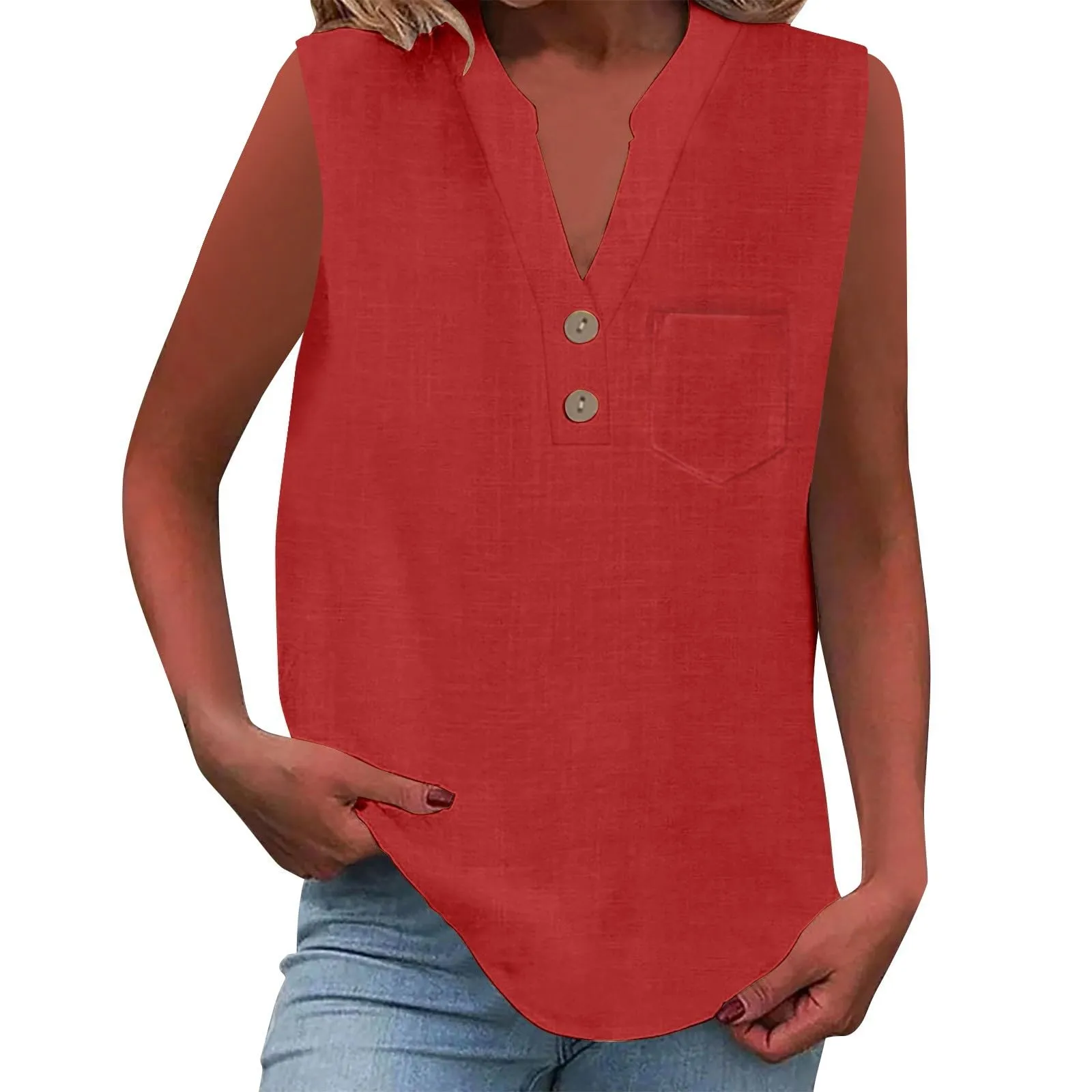 Camicetta in lino da donna, estiva, oversize, senza maniche, elegante, con scollo a V, per il tempo libero, grandi dimensioni, camicetta per tutti i giorni, Colore: rosso, XL - immagine 7