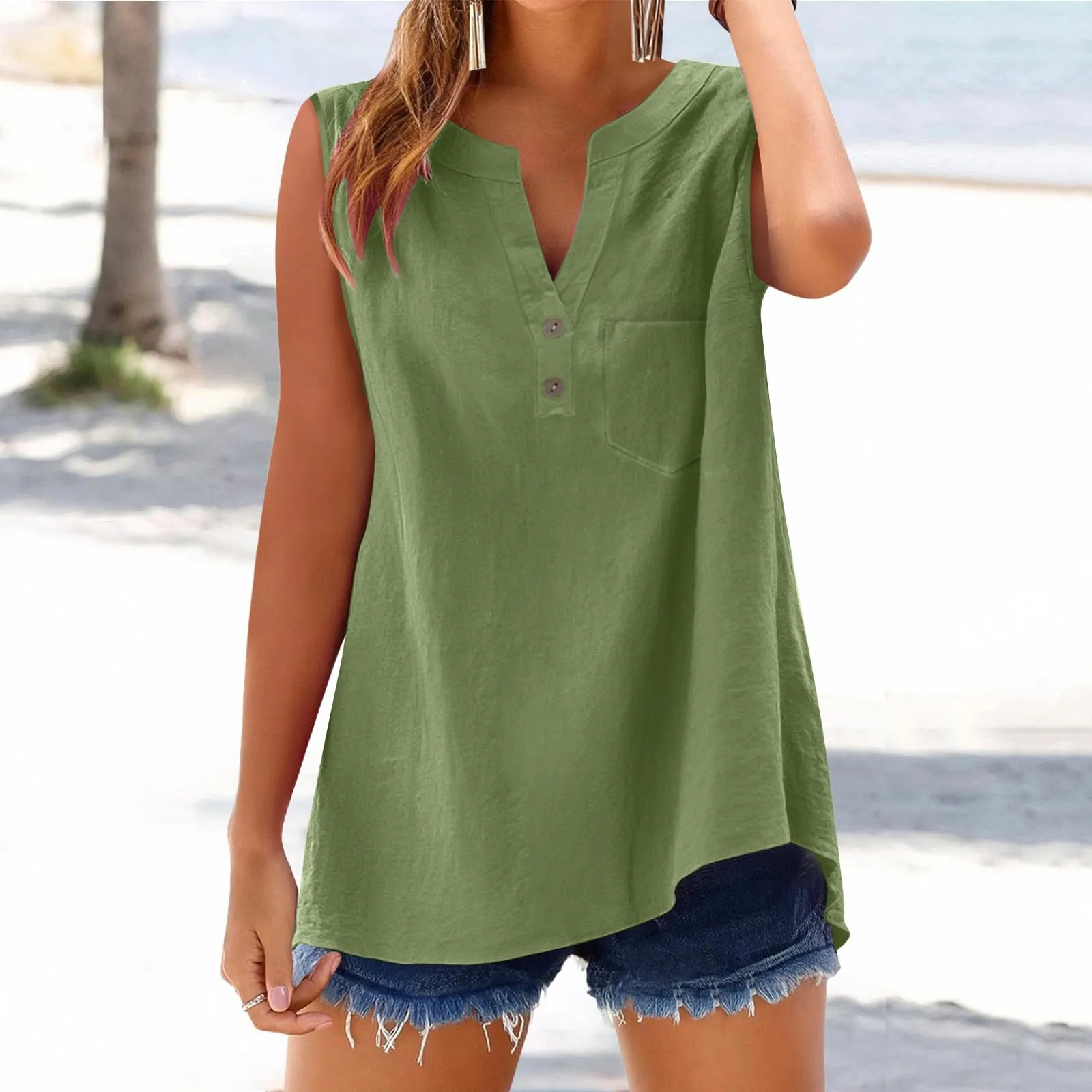 Camicetta in lino da donna, estiva, oversize, senza maniche, elegante, con scollo a V, per il tempo libero, grandi dimensioni, camicetta per tutti i giorni, Gn2, 3XL - immagine 2
