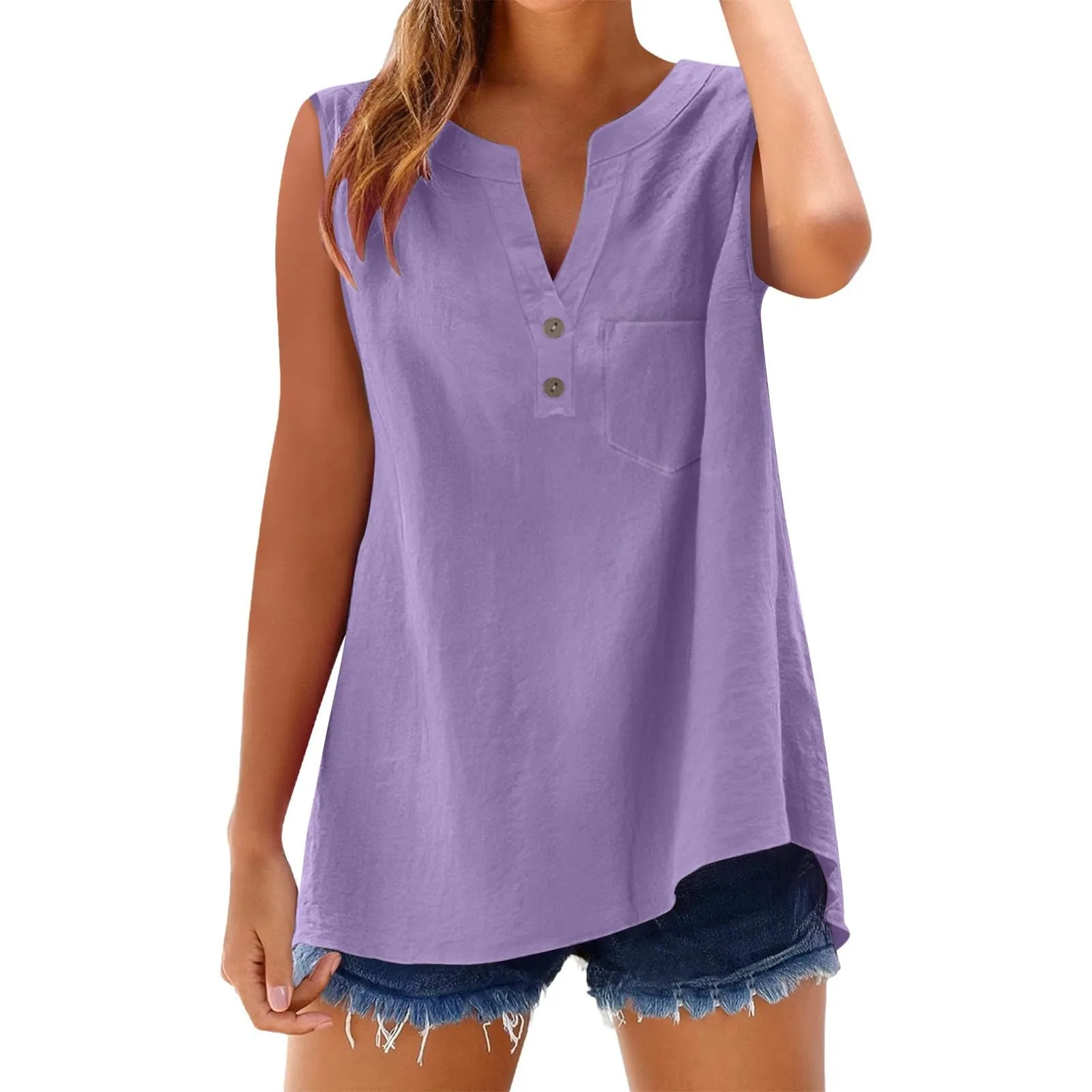 Camicetta in lino da donna, estiva, oversize, senza maniche, elegante, con scollo a V, per il tempo libero, grandi dimensioni, camicetta per tutti i giorni, PP2, L - immagine 4
