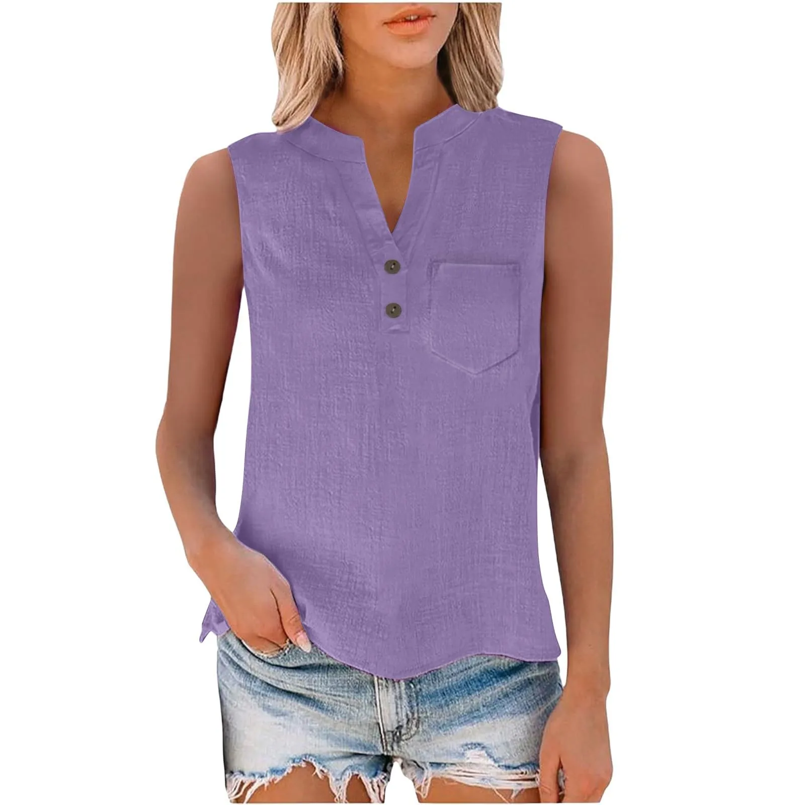 Camicetta in lino da donna, estiva, oversize, senza maniche, elegante, con scollo a V, per il tempo libero, grandi dimensioni, camicetta per tutti i giorni, PP2, L - immagine 6