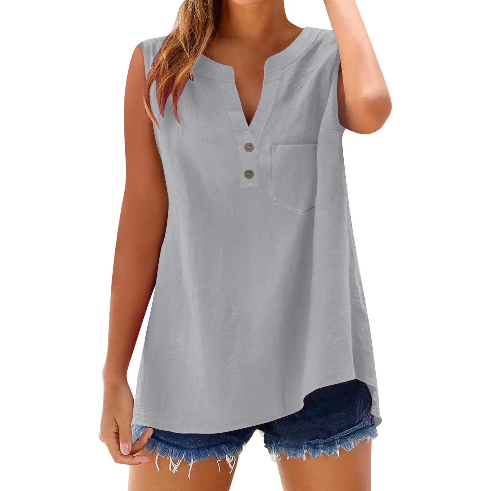 Camicetta in lino da donna, estiva, oversize, senza maniche, elegante, con scollo a V, per il tempo libero, grandi dimensioni, camicetta per tutti i giorni, grigio., 3XL - immagine 4