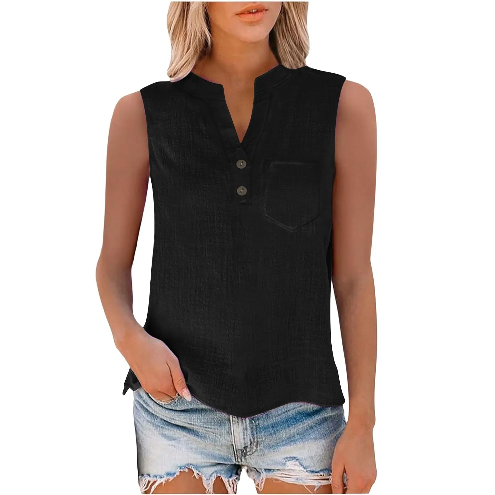 Camicetta in lino da donna, estiva, oversize, senza maniche, elegante, con scollo a V, per il tempo libero, grandi dimensioni, camicetta per tutti i giorni, Nero , 3XL - immagine 7