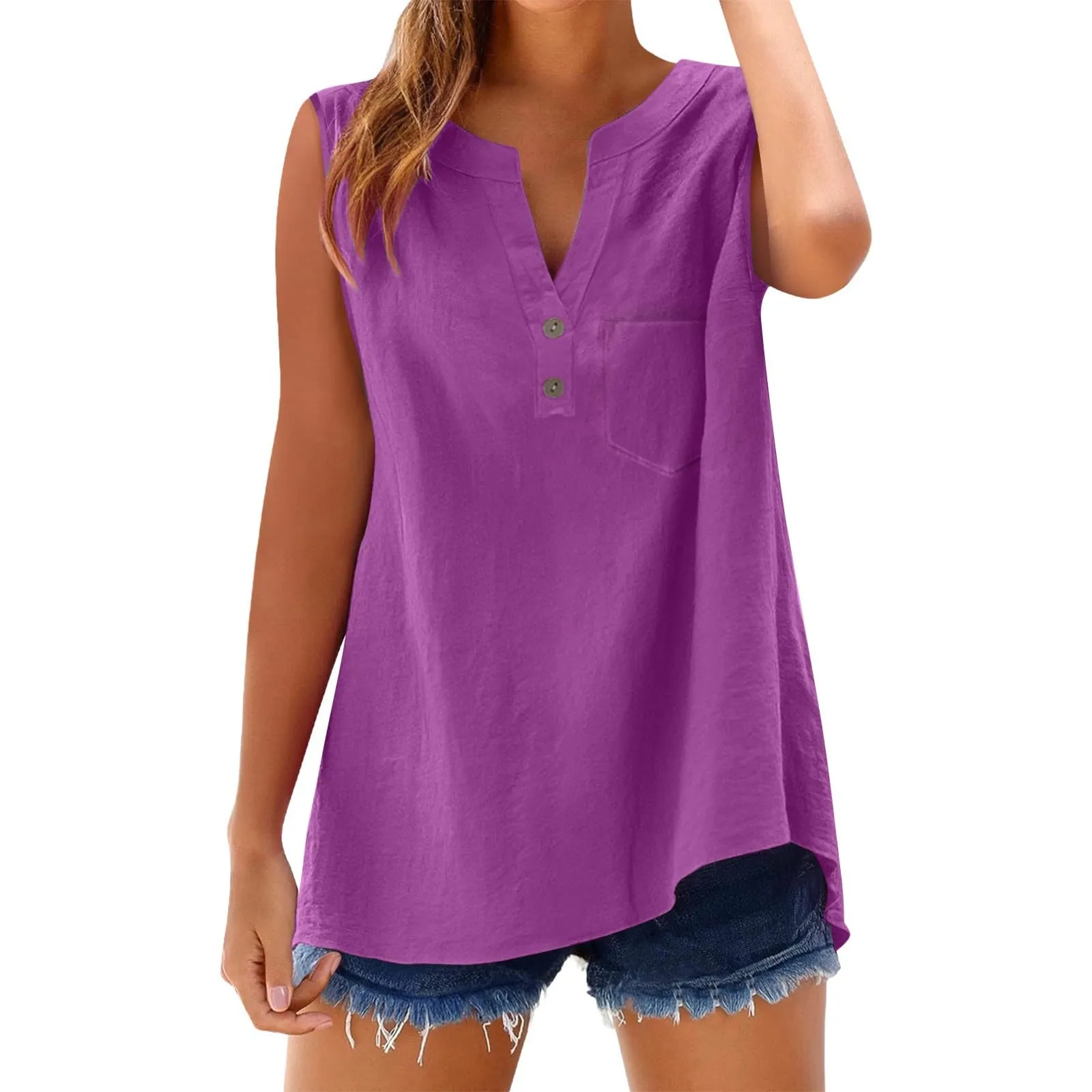 Camicetta in lino da donna, estiva, oversize, senza maniche, elegante, con scollo a V, per il tempo libero, grandi dimensioni, camicetta per tutti i giorni, PP1, S - immagine 4