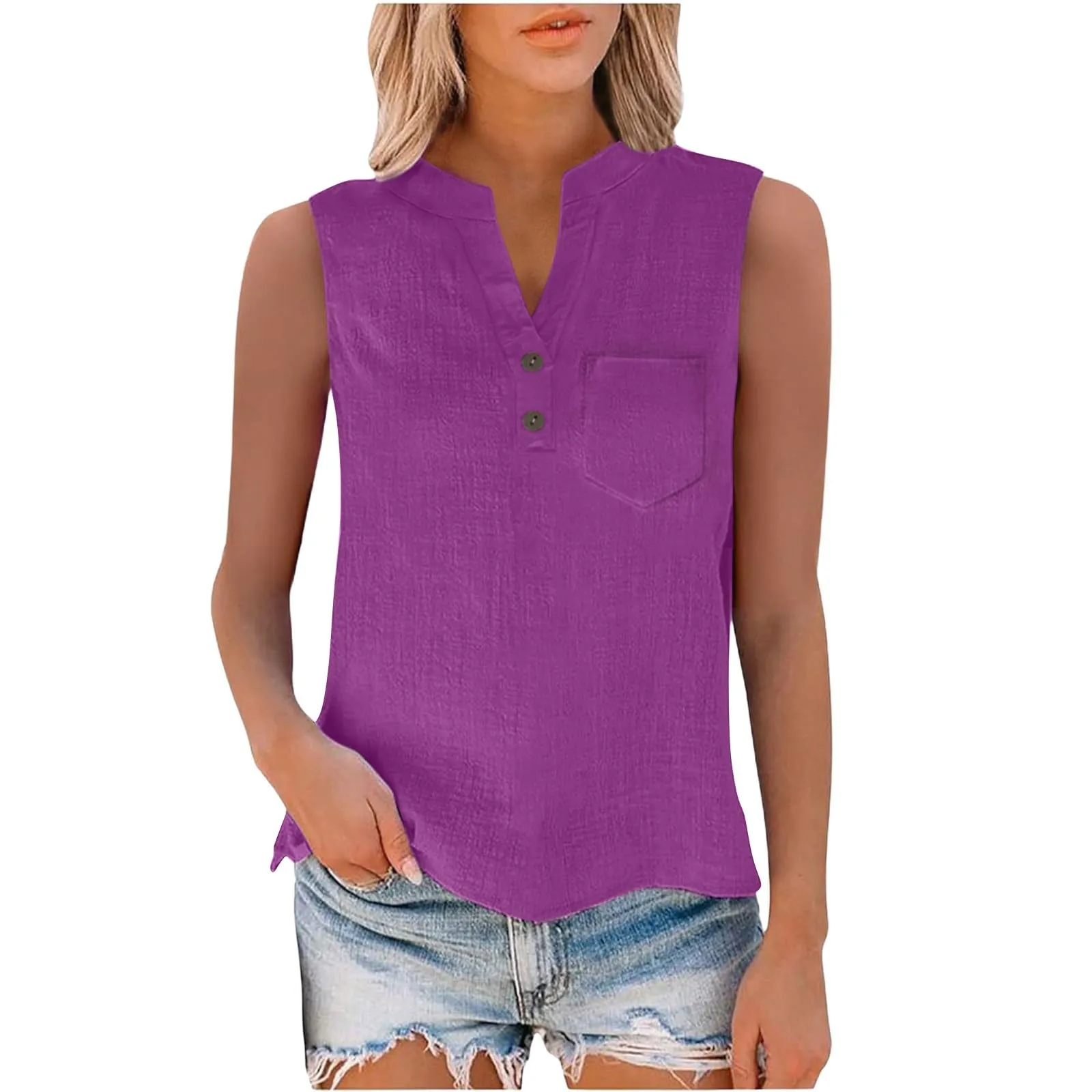 Camicetta in lino da donna, estiva, oversize, senza maniche, elegante, con scollo a V, per il tempo libero, grandi dimensioni, camicetta per tutti i giorni, PP1, S - immagine 6