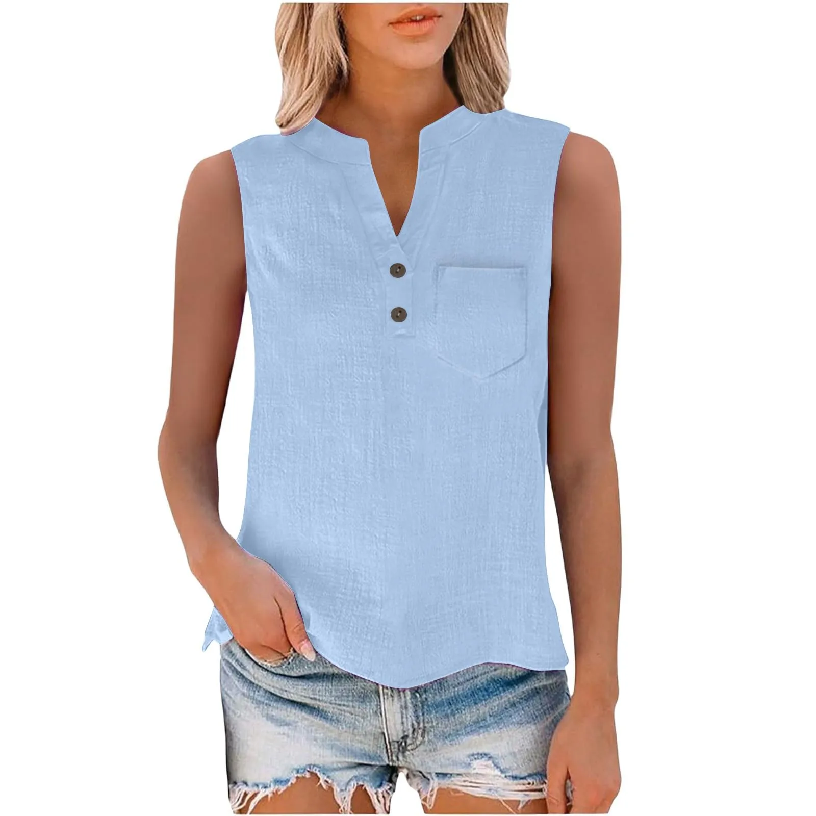Camicia in lino da donna estiva, oversize, senza maniche, elegante, tank top, scollo a V, tank top da donna, teenager, ragazze, casual, in lino, taglie grandi, camicia, top, abbigliamento quotidiano - immagine 5
