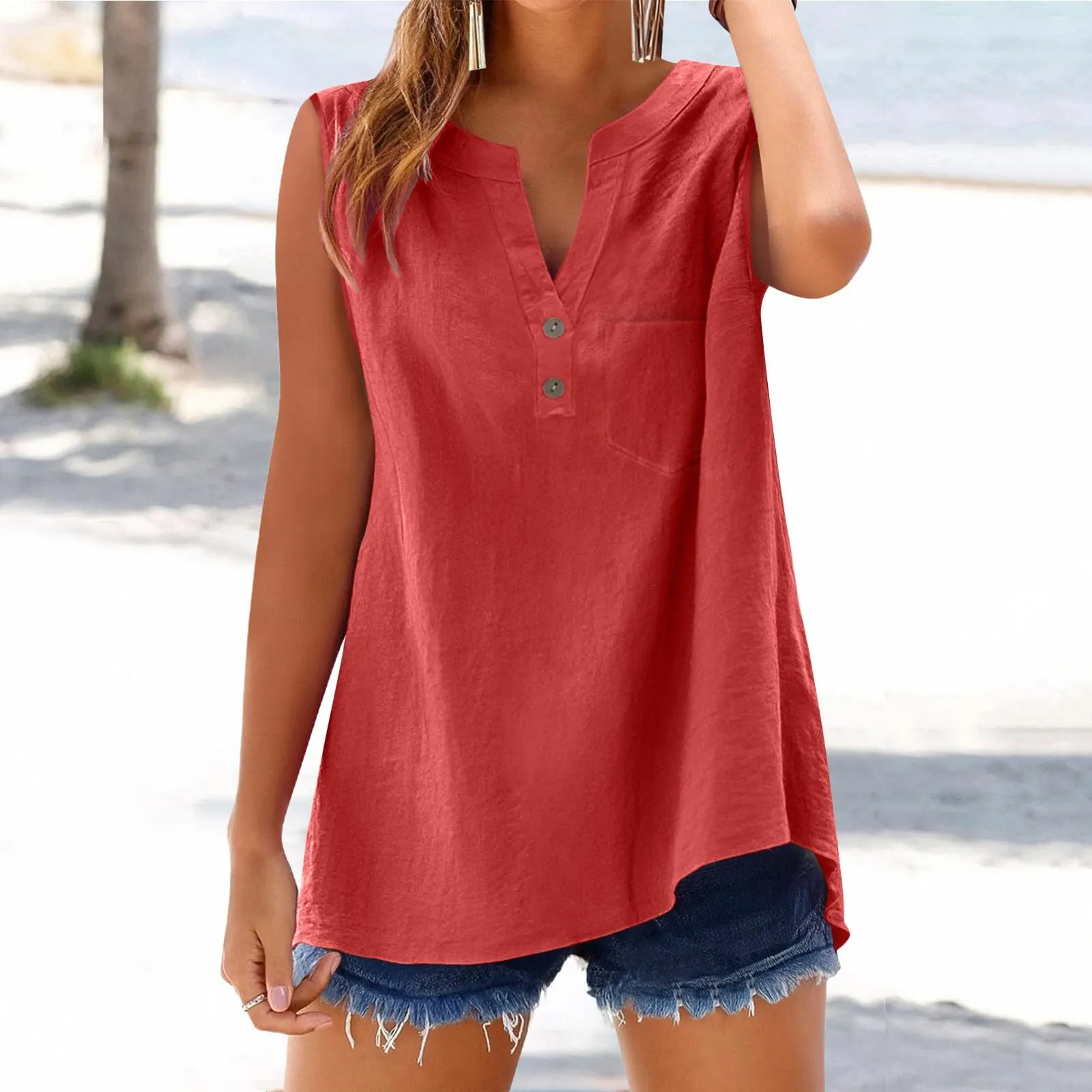 Camicia estiva in lino per donna, taglia grande, senza maniche, elegante, ampia, con scollo a V, top per donna, adolescenti, ragazze, per il tempo libero, camicia in lino, taglia grande, Rosso, 4XL - immagine 2