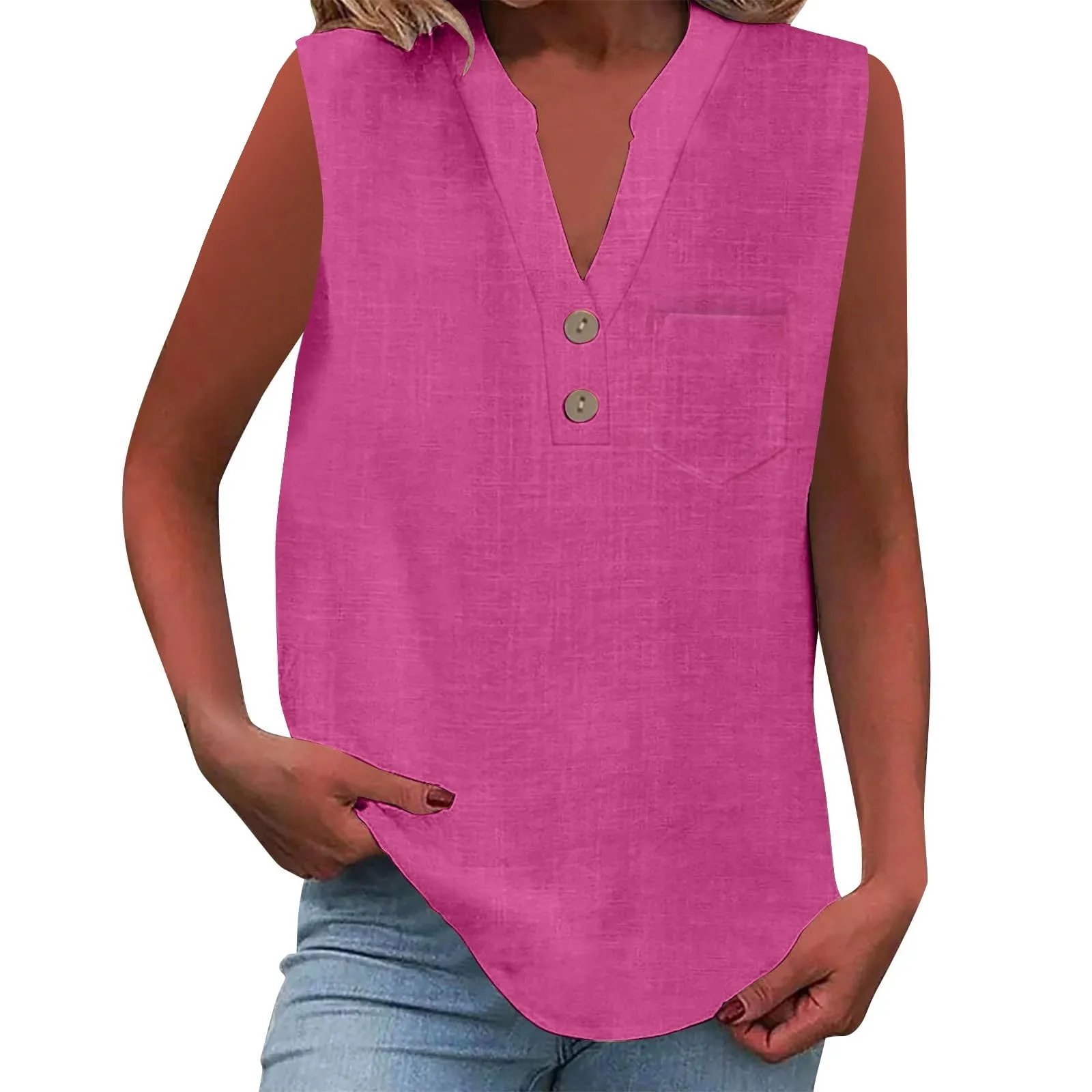 Camicetta in lino da donna, estiva, oversize, senza maniche, elegante, con scollo a V, per il tempo libero, grandi dimensioni, camicetta per tutti i giorni, Rosa acceso., S - immagine 1