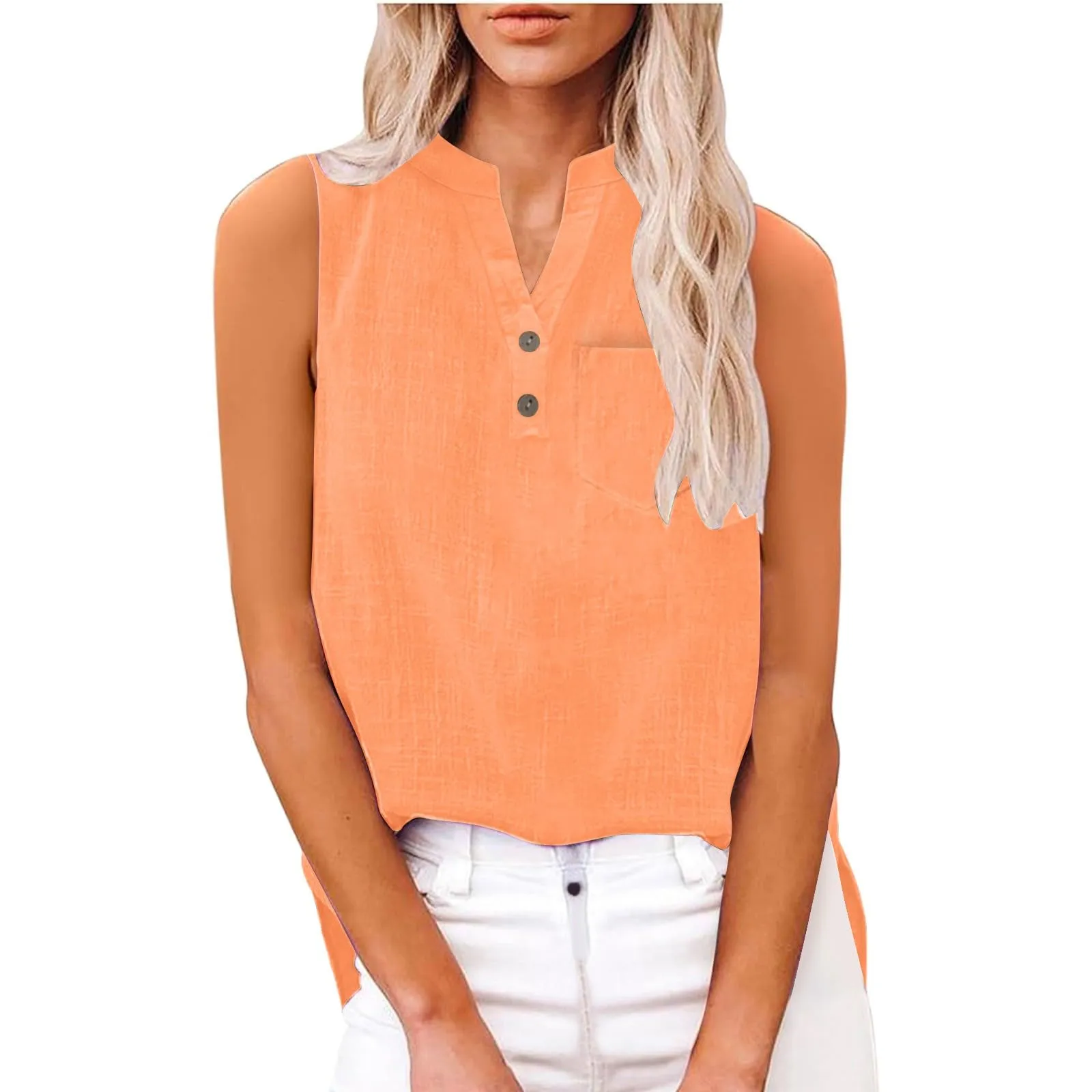 Camicetta estiva in lino da donna - Senza maniche - Elegante - Scollo a V - Per il tempo libero - Taglia grande - Per tutti i giorni, Arancione, M - immagine 7