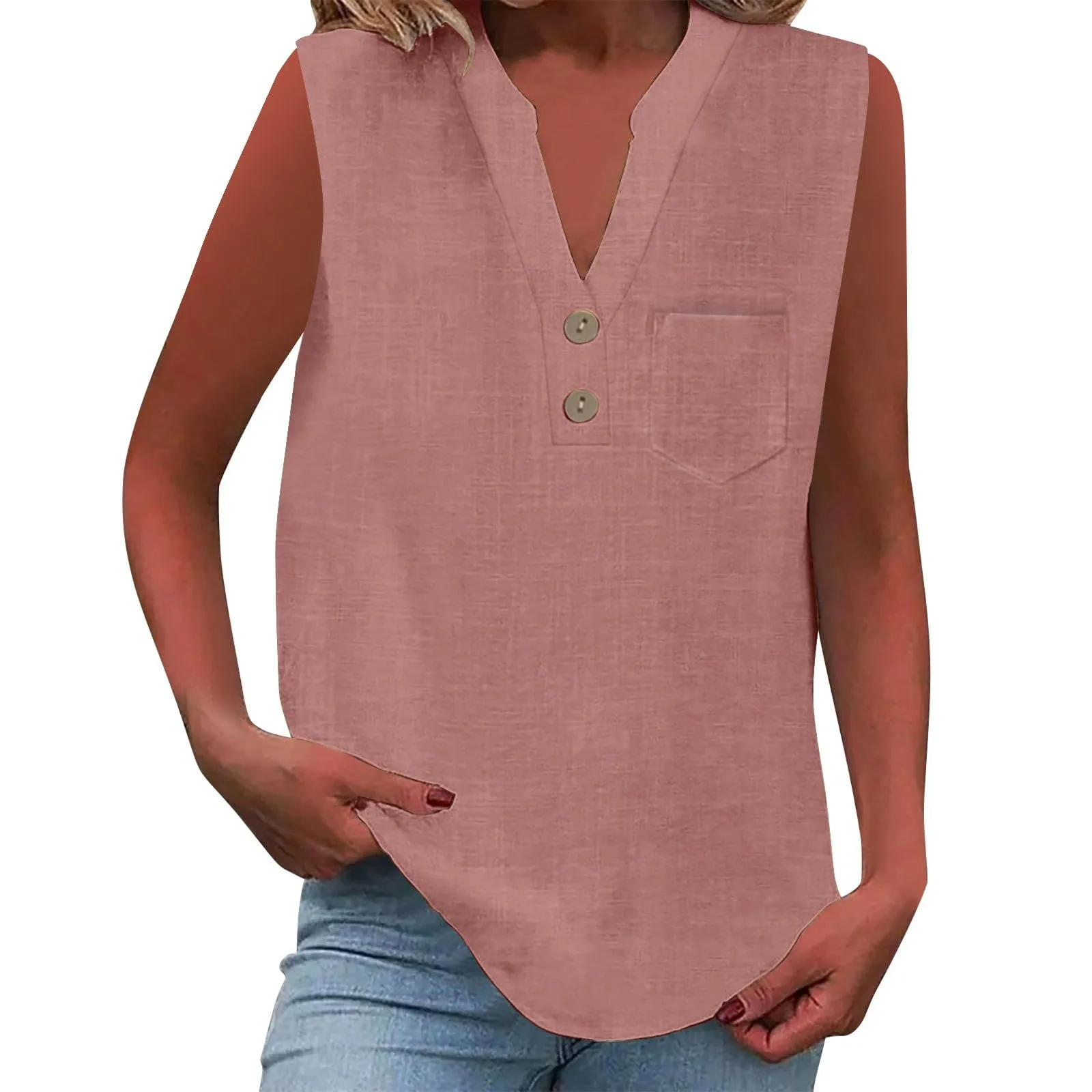 Camicetta estiva in lino da donna - Senza maniche - Elegante - Collo a V - Per il tempo libero - Taglia grande - Per tutti i giorni, Rosa, XXL - immagine 1
