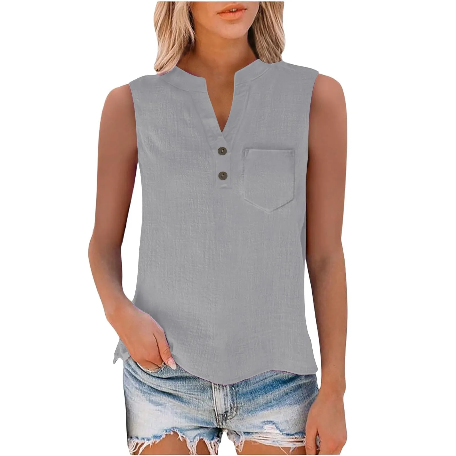 Camicetta estiva in lino da donna - Senza maniche - Elegante - Scollo a V - Per il tempo libero - Taglia grande - Per tutti i giorni, grigio, M - immagine 6