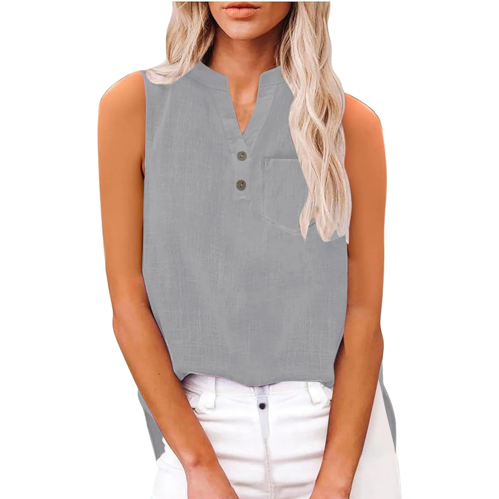 Camicetta estiva in lino da donna - Senza maniche - Elegante - Scollo a V - Per il tempo libero - Taglia grande - Per tutti i giorni, grigio, M - immagine 7