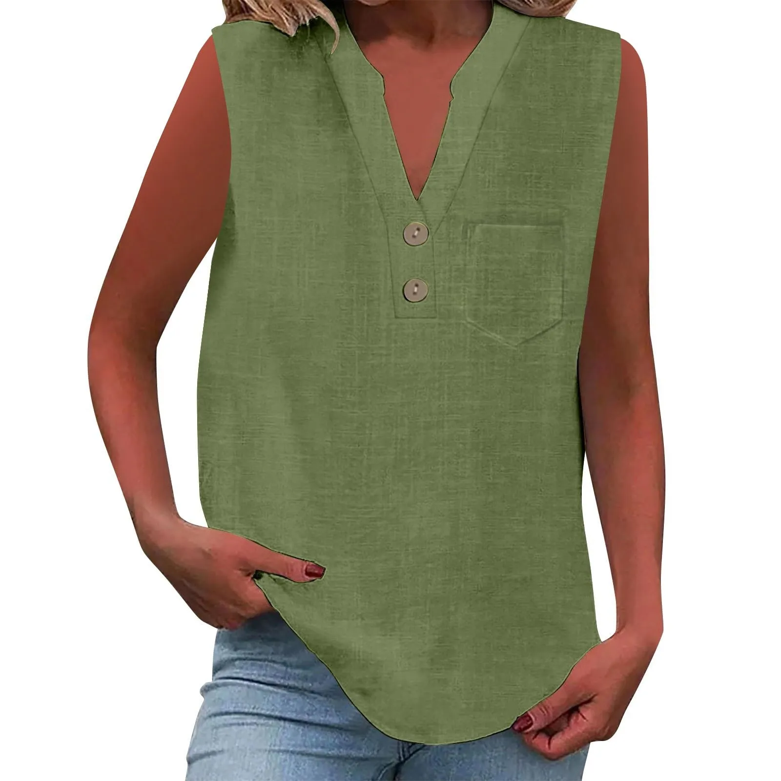 Camicia da donna in lino estiva oversize, senza maniche, elegante, con scollo a V, canotta, da donna, da teenager, da ragazza, per il tempo libero, camicia in lino, taglie grandi, blusa - immagine 1