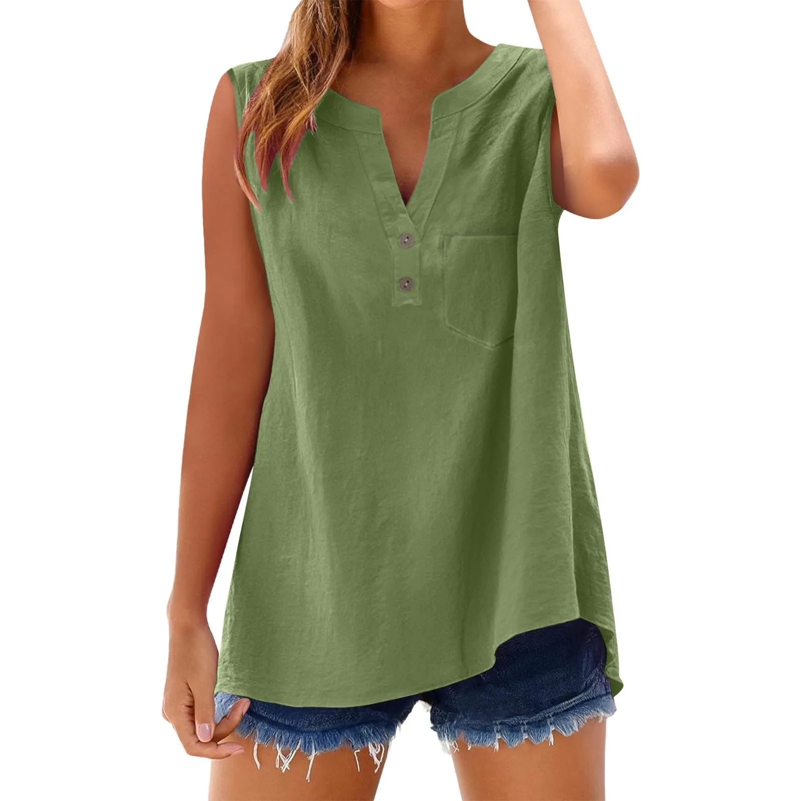 Camicia da donna in lino estiva oversize, senza maniche, elegante, con scollo a V, canotta, da donna, da teenager, da ragazza, per il tempo libero, camicia in lino, taglie grandi, blusa - immagine 5