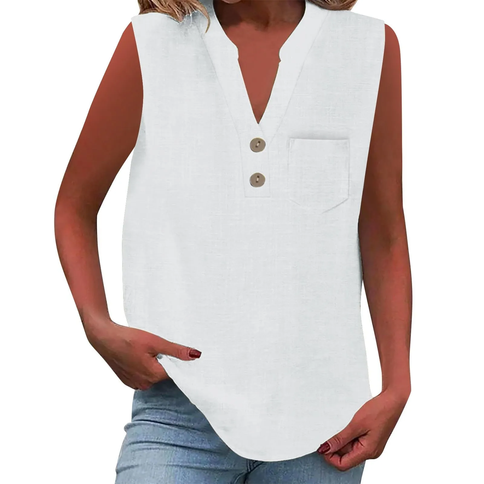 Camicetta in lino da donna, estiva, oversize, senza maniche, elegante, con scollo a V, per il tempo libero, grandi dimensioni, camicetta per tutti i giorni, bianco, XL - immagine 1
