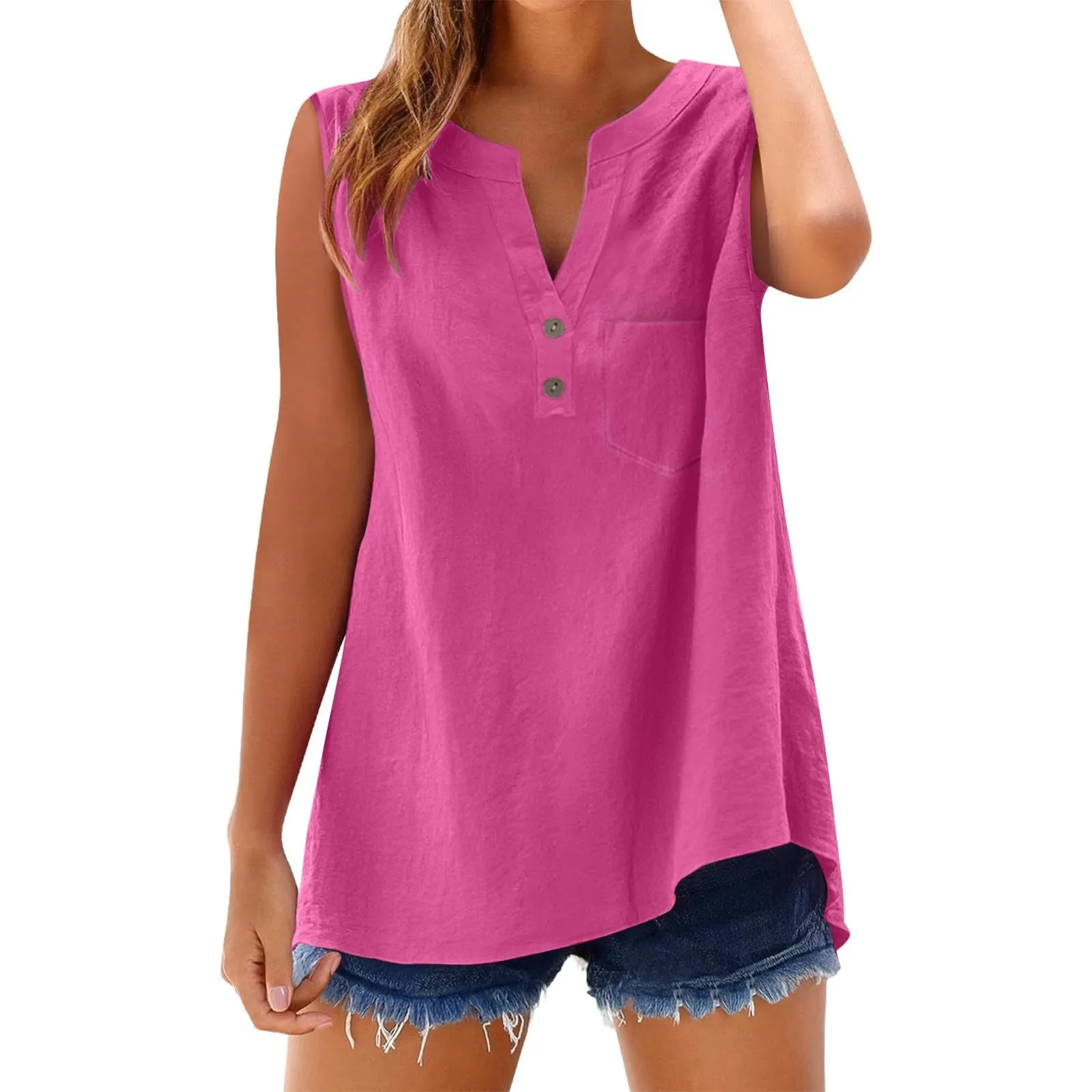 Camicetta in lino da donna, estiva, oversize, senza maniche, elegante, con scollo a V, per il tempo libero, grandi dimensioni, camicetta per tutti i giorni, Rosa acceso., XL - immagine 4