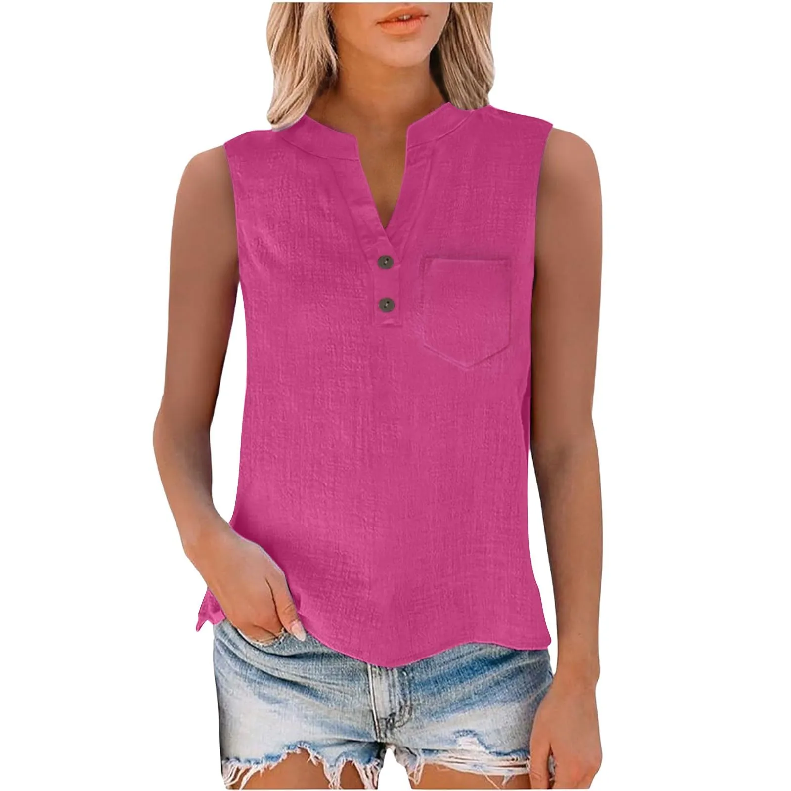 Camicetta in lino da donna, estiva, oversize, senza maniche, elegante, con scollo a V, per il tempo libero, grandi dimensioni, camicetta per tutti i giorni, Rosa acceso., XL - immagine 6