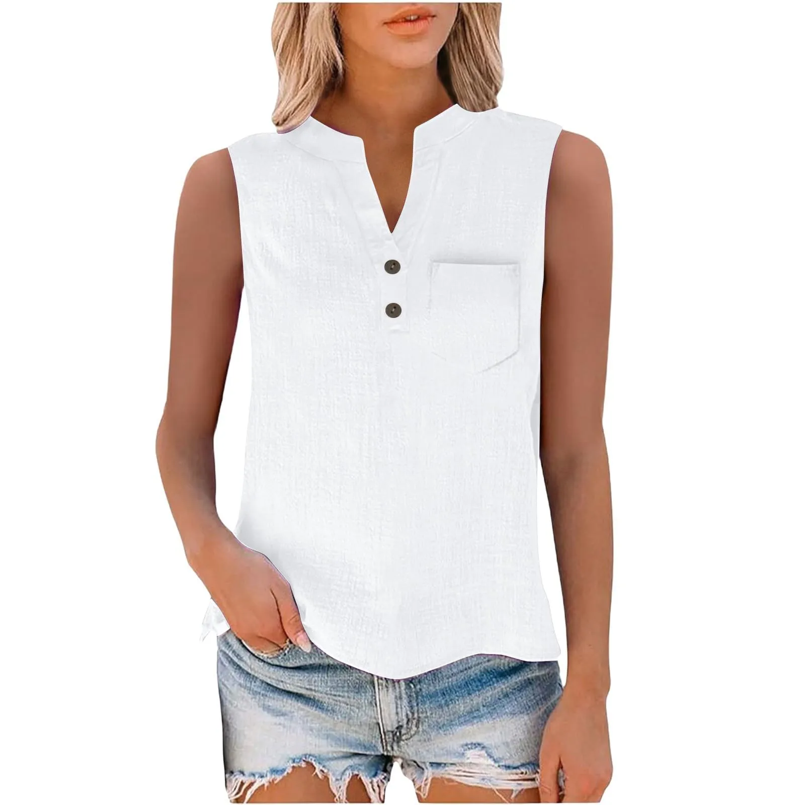 Camicia in lino da donna estiva, oversize, a maniche lunghe, senza maniche, elegante, con scollo a V, canotta, casual, per ragazze adolescenti, taglie grandi, per tutti i giorni, bianco, 3XL - immagine 6
