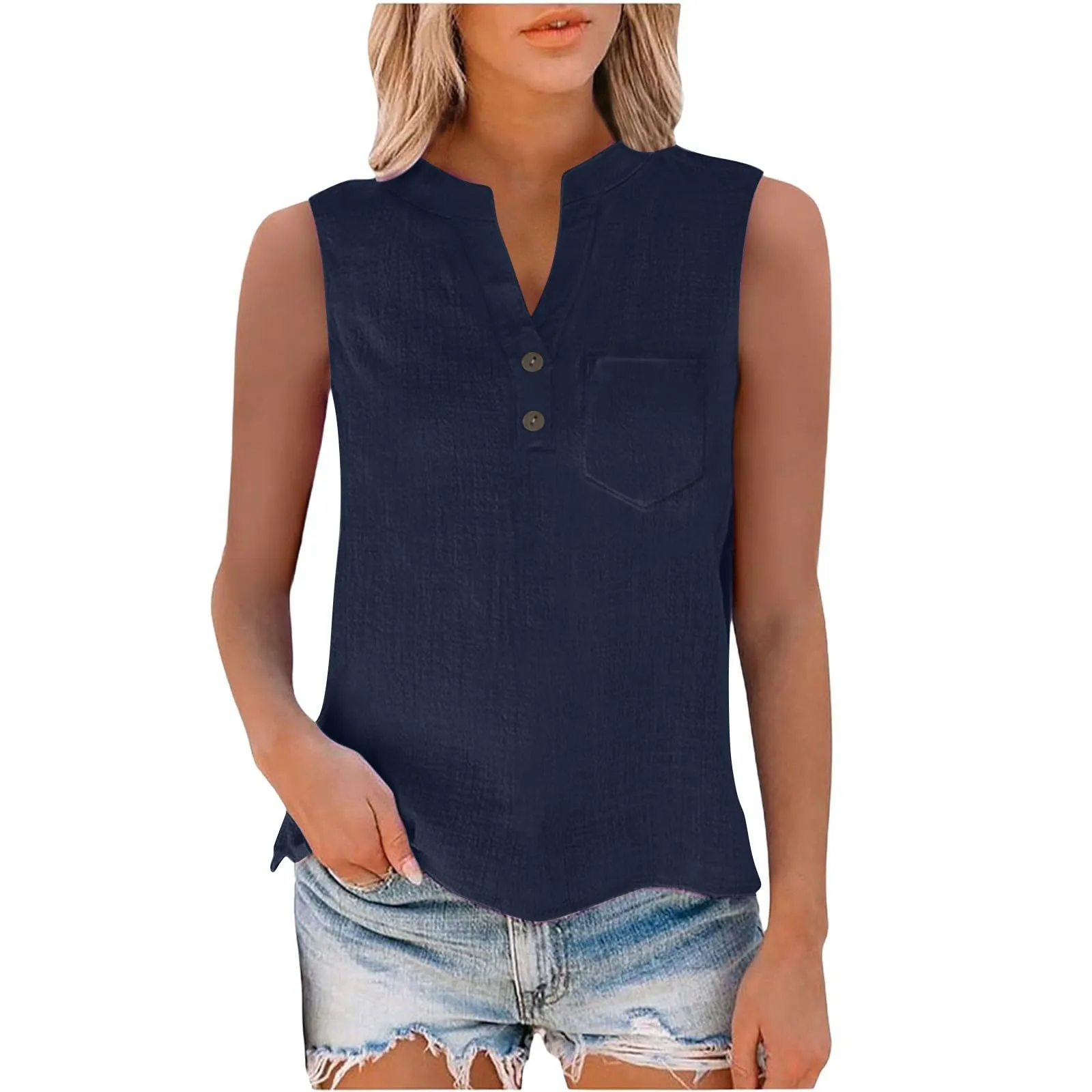 Camicetta in lino da donna, estiva, oversize, senza maniche, elegante, con scollo a V, per il tempo libero, grandi dimensioni, camicetta per tutti i giorni, Blu marino, M - immagine 6