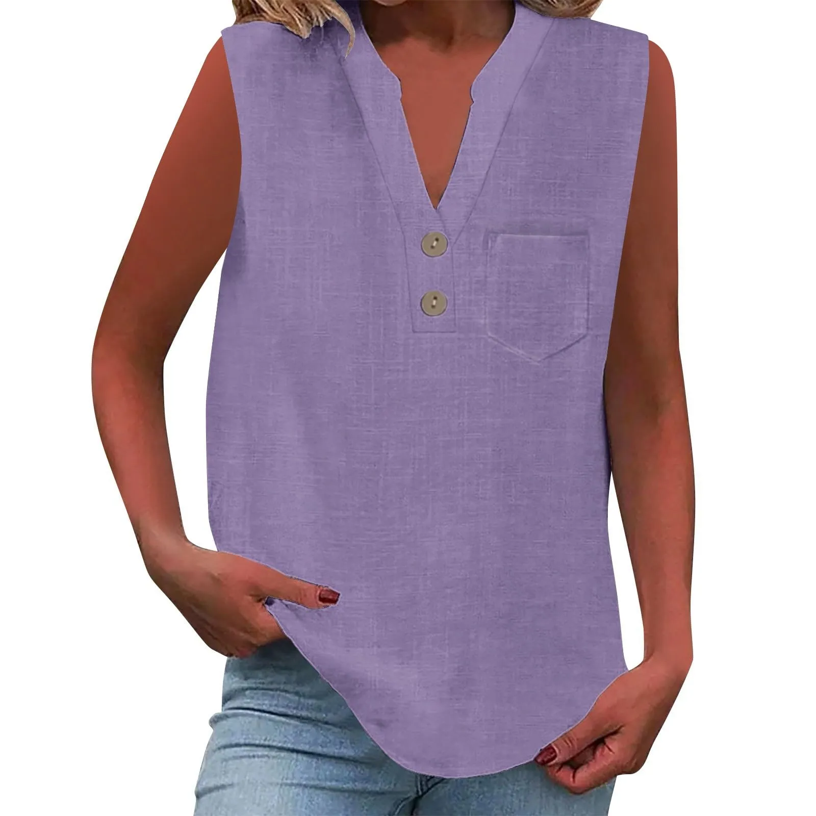 Camicetta in lino da donna, estiva, oversize, senza maniche, elegante, con scollo a V, per il tempo libero, grandi dimensioni, camicetta per tutti i giorni, PP2, 4XL - immagine 1