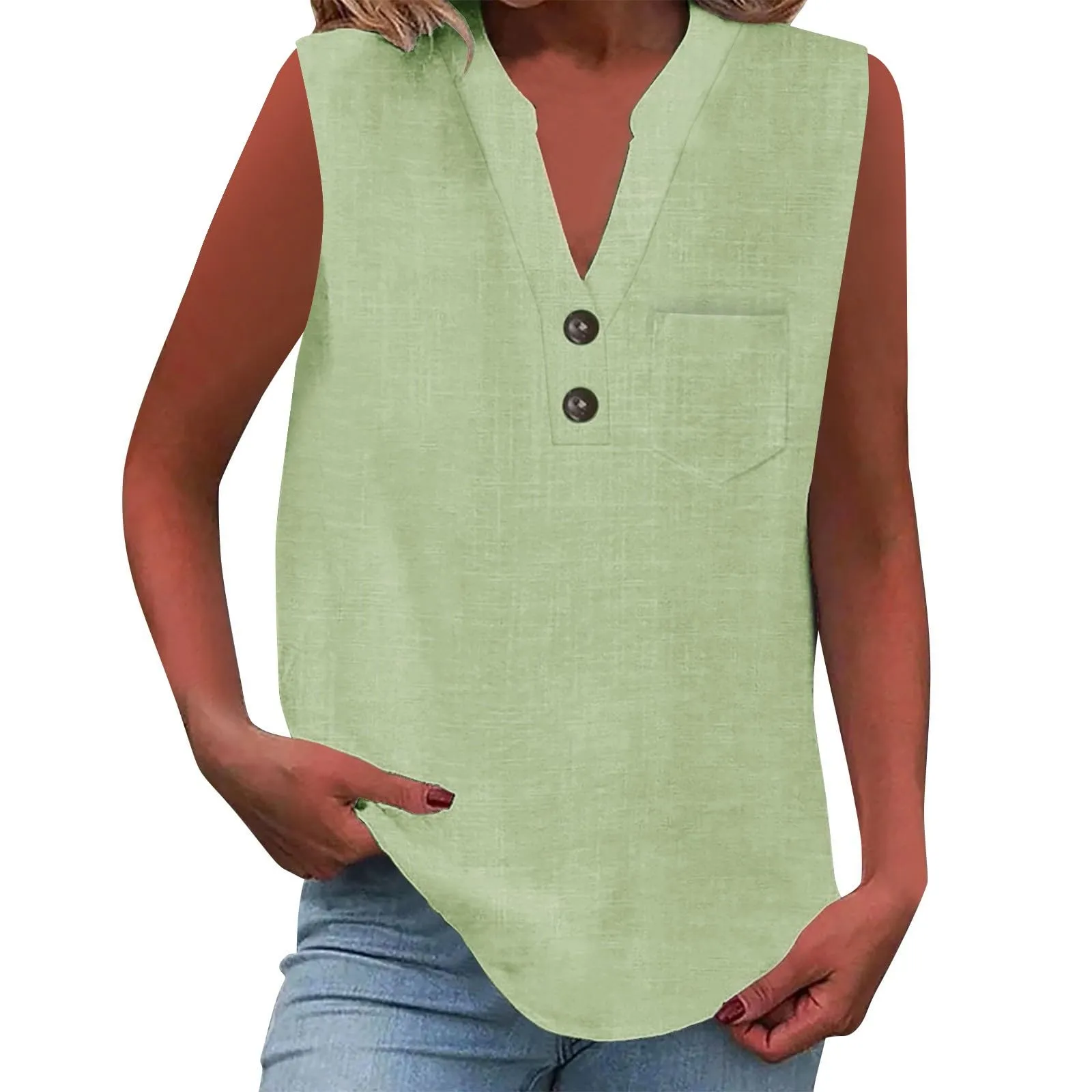 Camicetta in lino da donna, estiva, oversize, senza maniche, elegante, con scollo a V, per il tempo libero, grandi dimensioni, camicetta per tutti i giorni, Gn1, 5XL - immagine 1
