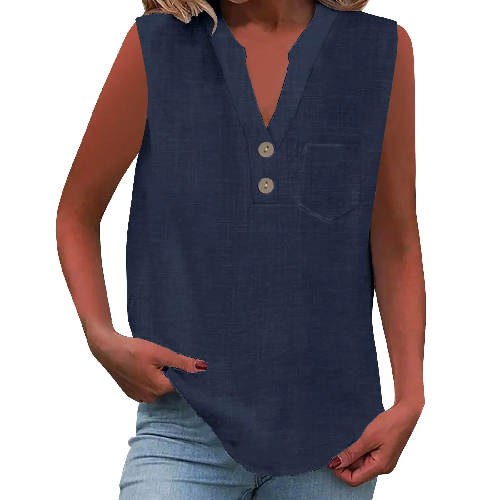 Camicetta in lino da donna, estiva, oversize, senza maniche, elegante, con scollo a V, per il tempo libero, grandi dimensioni, camicetta per tutti i giorni, Blu marino, 3XL - immagine 1