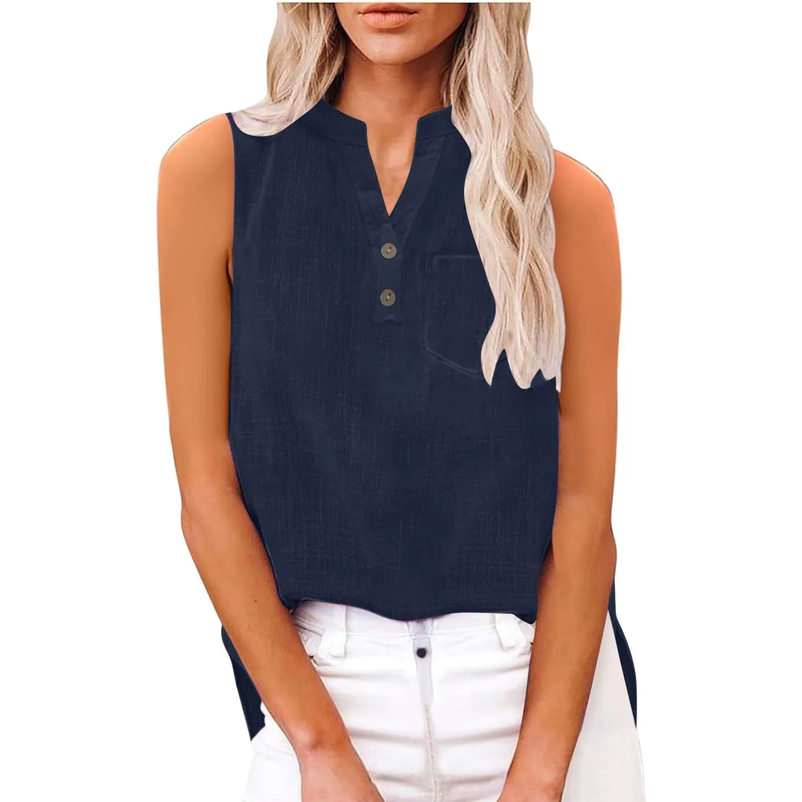 Camicetta in lino da donna, estiva, oversize, senza maniche, elegante, con scollo a V, per il tempo libero, grandi dimensioni, camicetta per tutti i giorni, Blu marino, 3XL - immagine 7