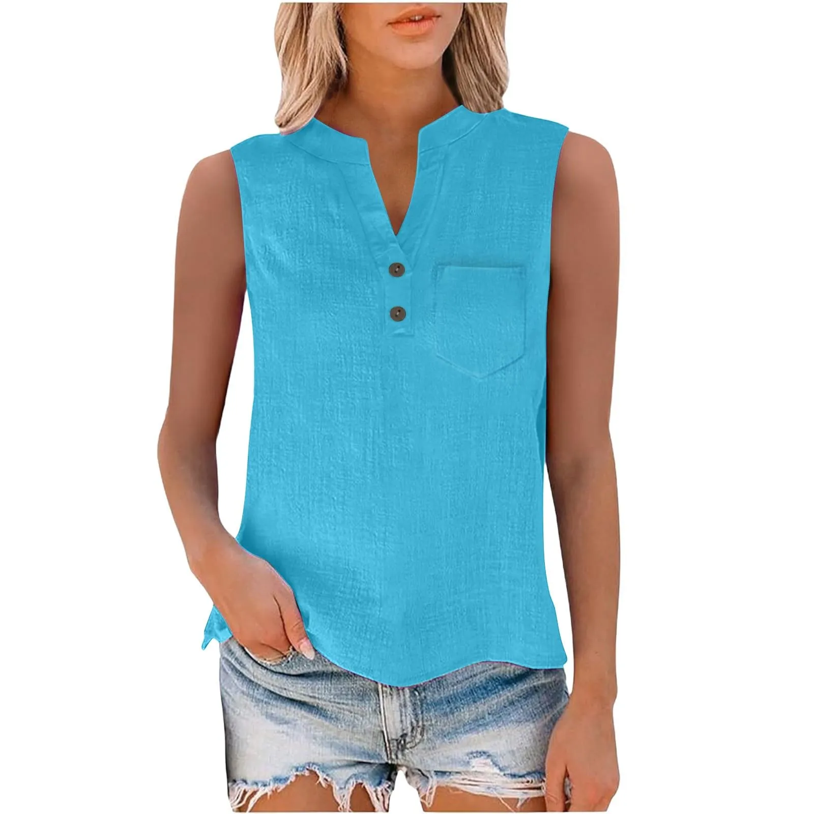 Camicetta estiva da donna in lino, senza maniche, elegante, con scollo a V, per il tempo libero, taglie forti, per l'uso quotidiano, Bu2., L - immagine 6