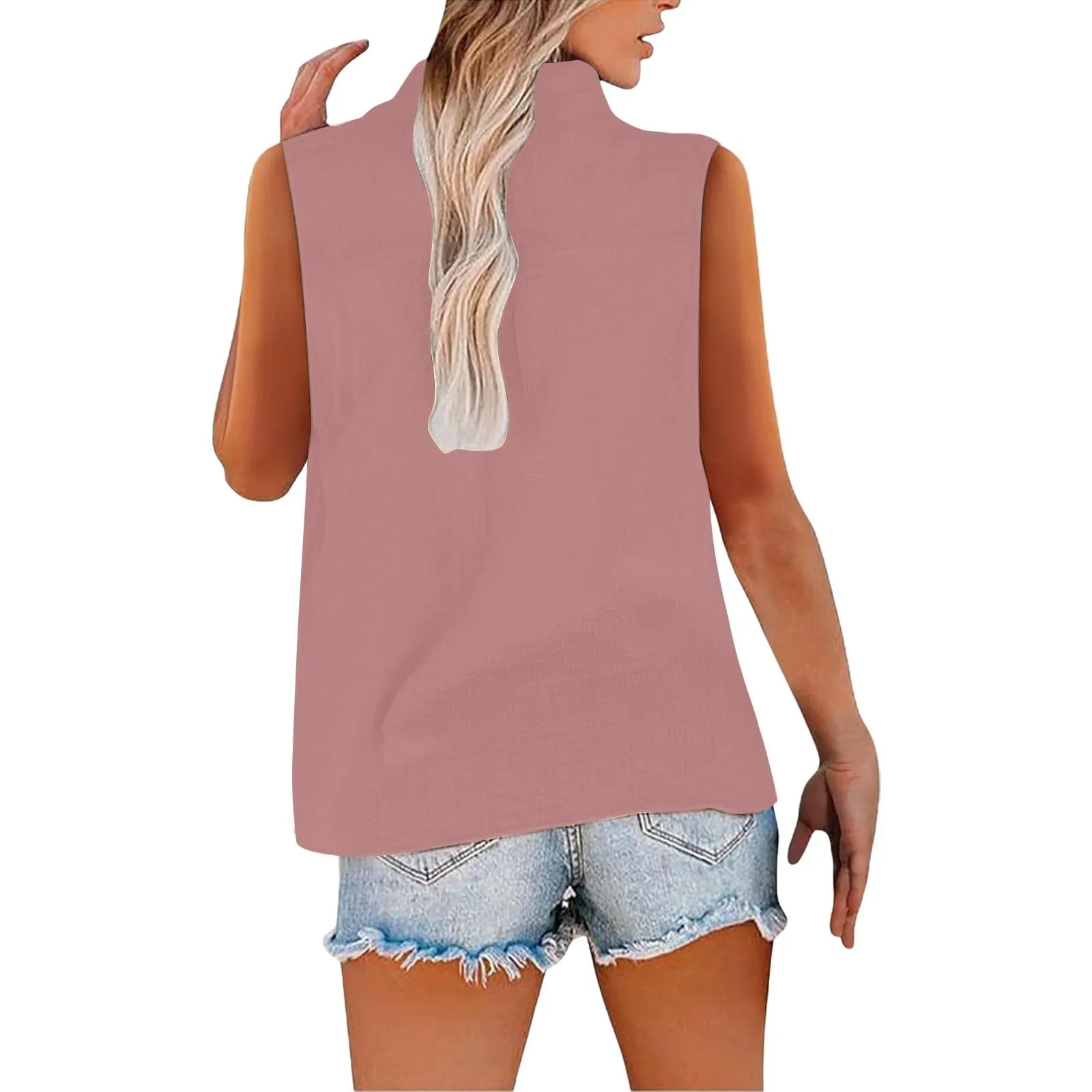 Camicetta in lino da donna, estiva, oversize, senza maniche, elegante, con scollo a V, per il tempo libero, grandi dimensioni, camicetta per tutti i giorni, Colore: rosa., M - immagine 5