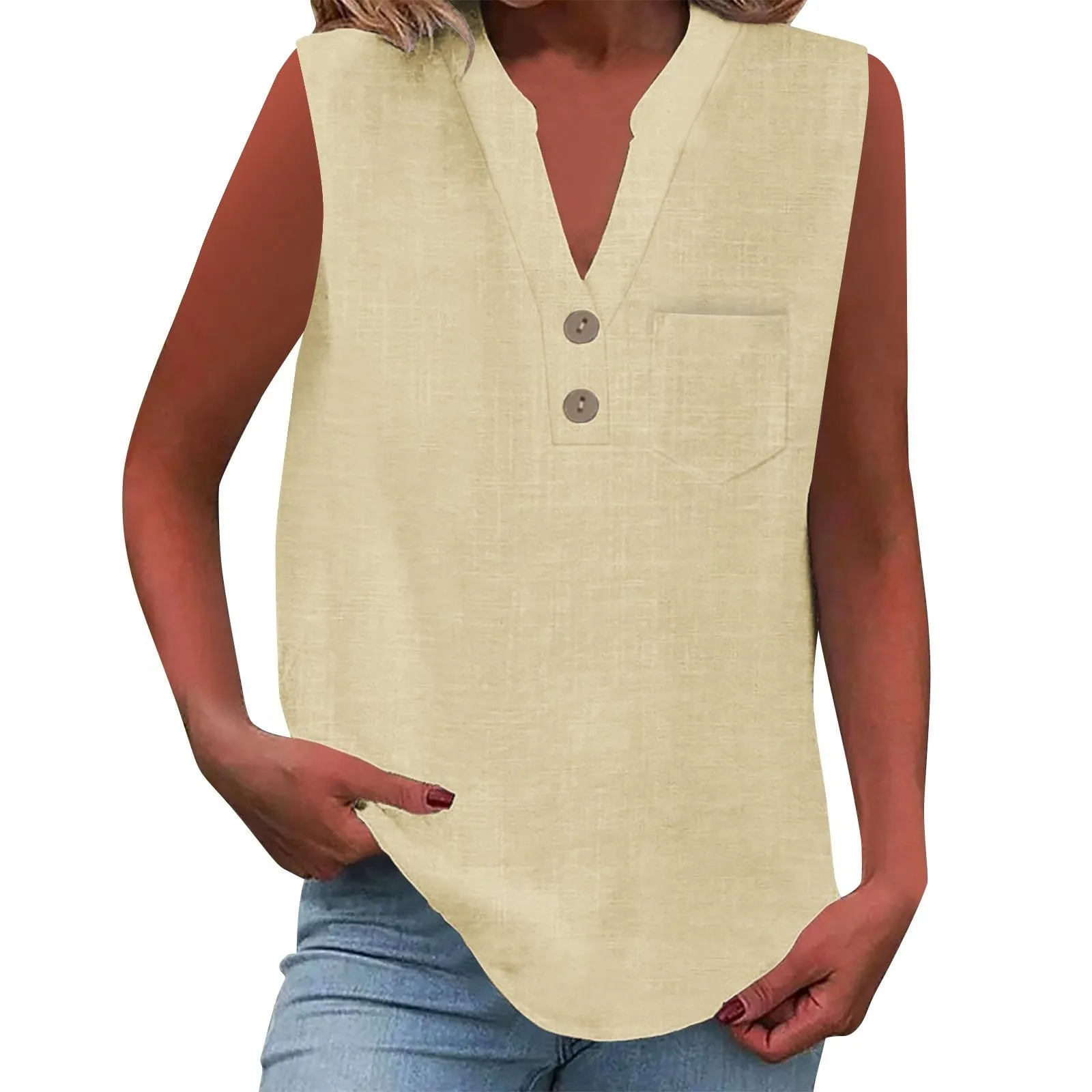 Canotta da donna estiva oversize in lino, senza maniche, elegante, con scollo a V, per adolescenti e ragazze, casual, taglie grandi, blusa, top, abbigliamento quotidiano, giallo., M - immagine 1