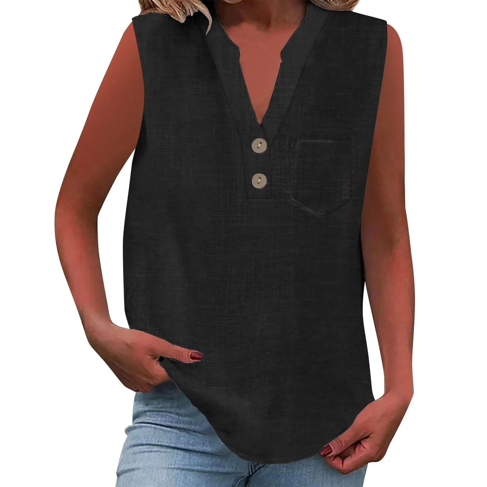 Camicetta in lino da donna, estiva, oversize, senza maniche, elegante, con scollo a V, per il tempo libero, grandi dimensioni, camicetta per tutti i giorni, Nero , XL - immagine 1