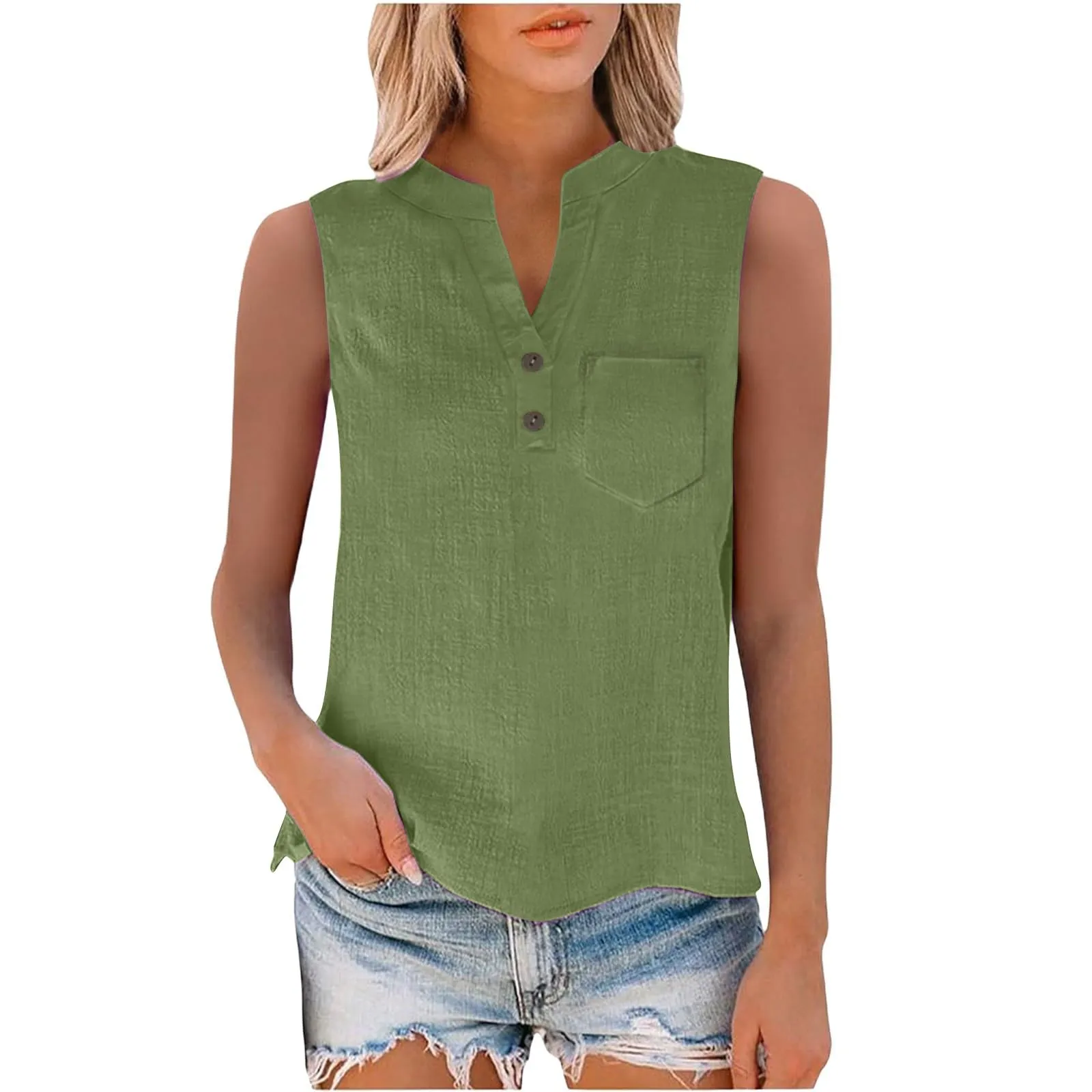 Camicetta in lino da donna, estiva, oversize, senza maniche, elegante, con scollo a V, per il tempo libero, grandi dimensioni, camicetta per tutti i giorni, Gn2, XL - immagine 6