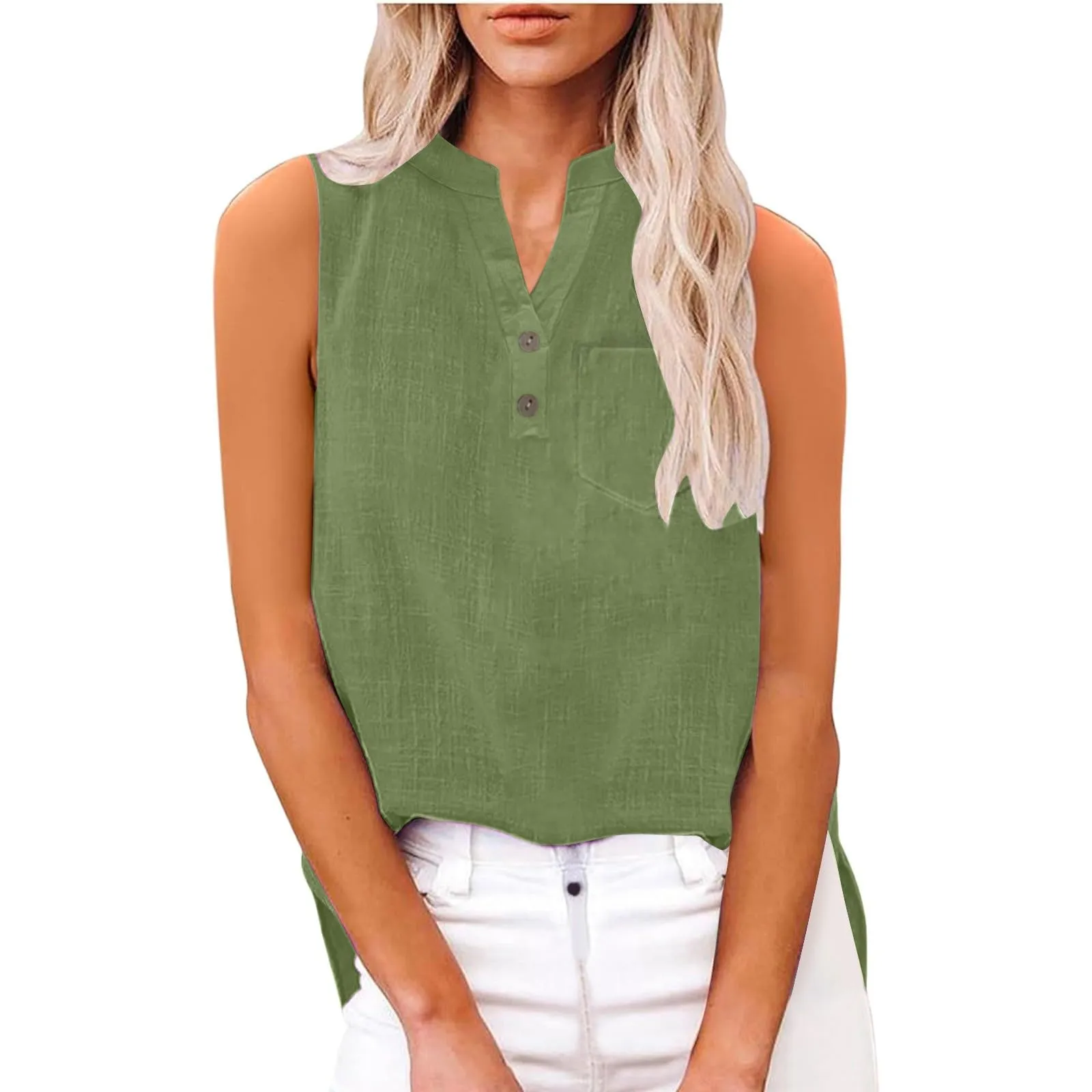 Camicetta in lino da donna, estiva, oversize, senza maniche, elegante, con scollo a V, per il tempo libero, grandi dimensioni, camicetta per tutti i giorni, Gn2, XL - immagine 7