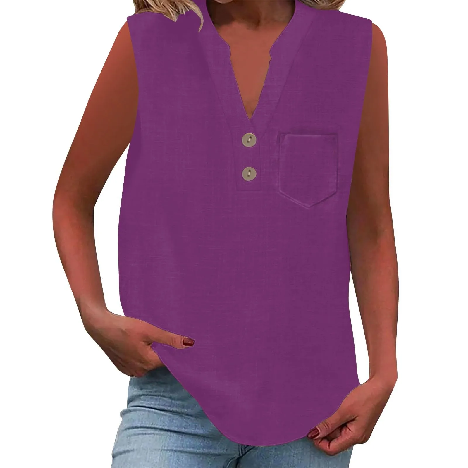 Camicetta in lino da donna, estiva, oversize, senza maniche, elegante, con scollo a V, per il tempo libero, grandi dimensioni, camicetta per tutti i giorni, PP1, XL - immagine 1