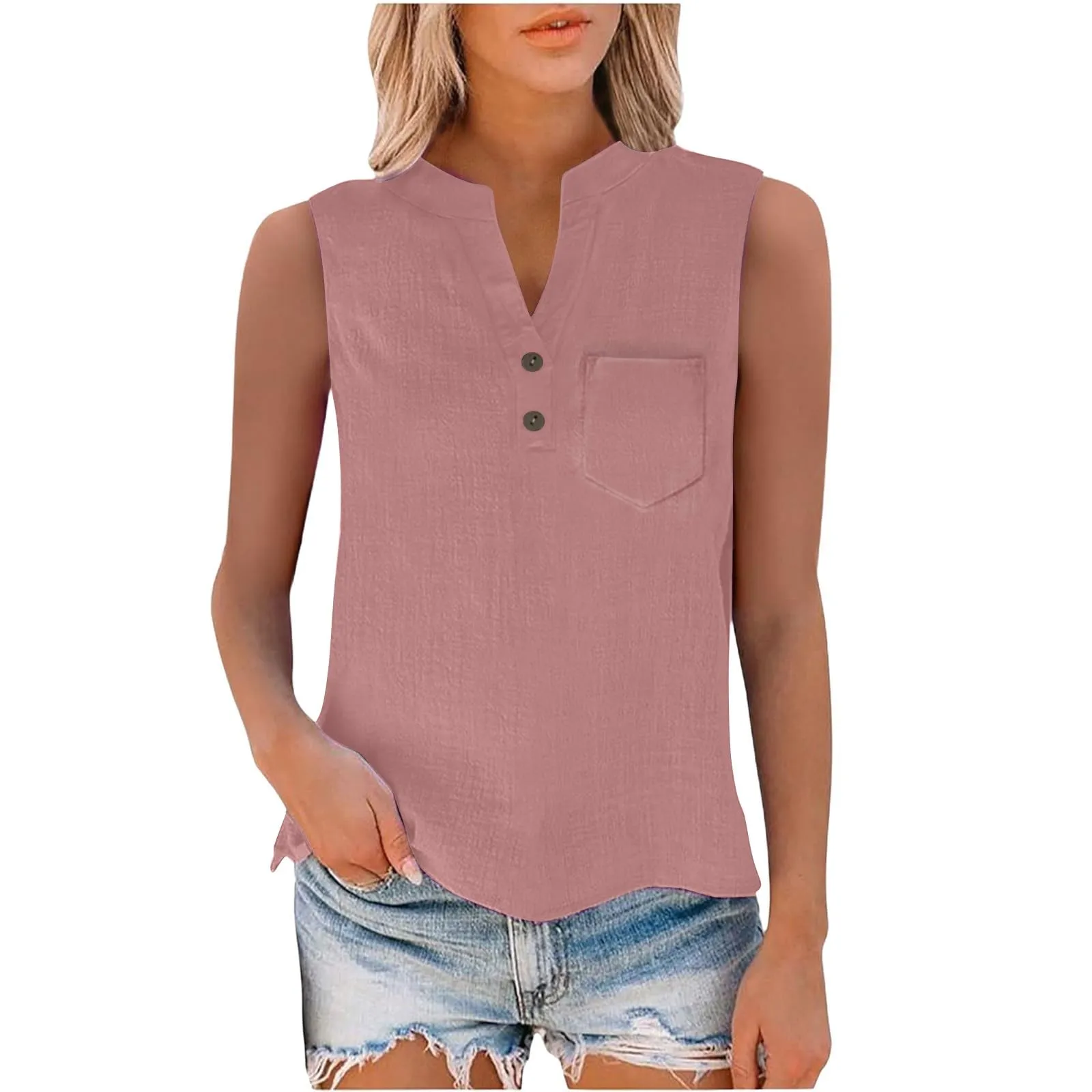 Camicetta in lino da donna, estiva, oversize, senza maniche, elegante, con scollo a V, per il tempo libero, grandi dimensioni, camicetta per tutti i giorni, Colore: rosa., 3XL - immagine 6