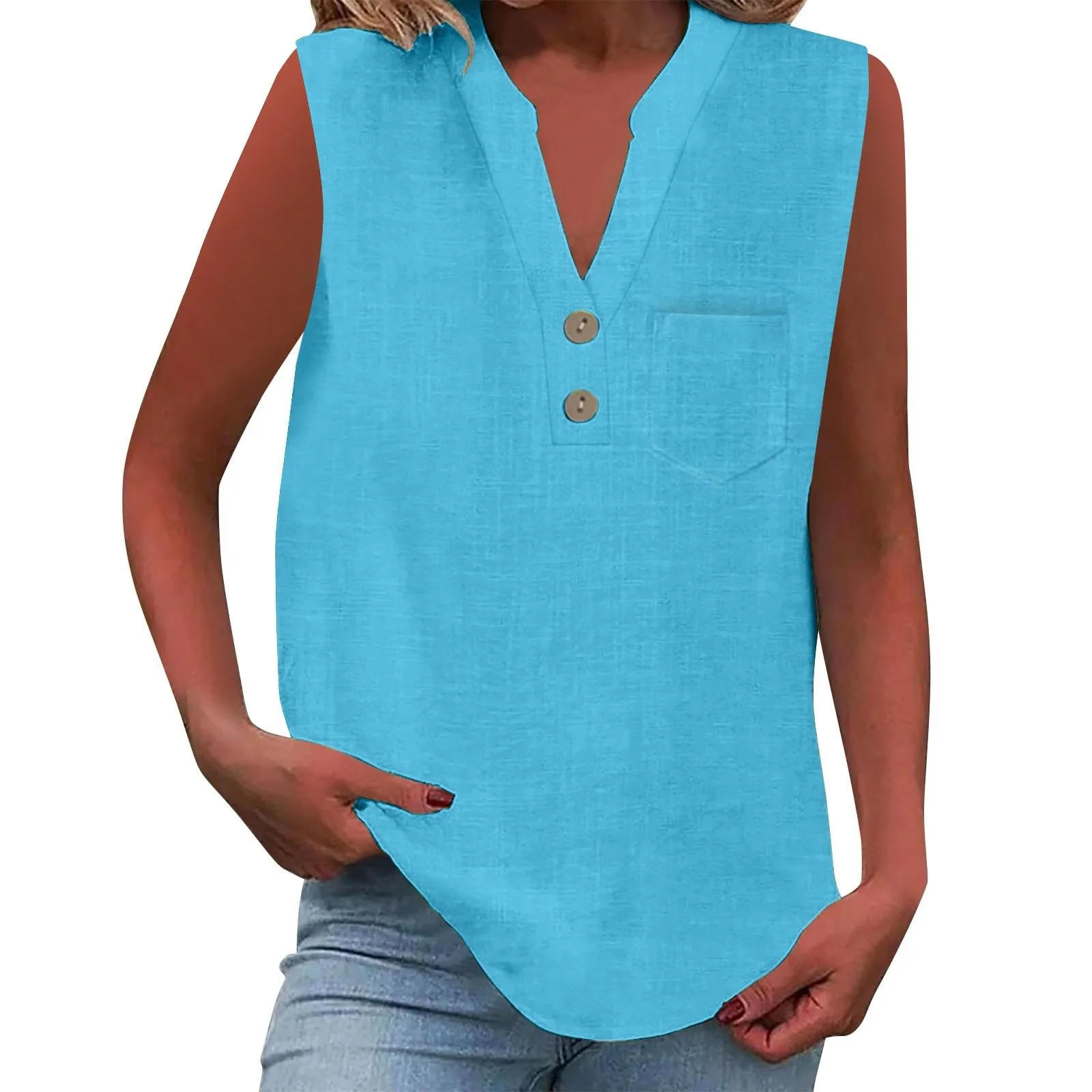 Camicetta in lino da donna, estiva, oversize, senza maniche, elegante, con scollo a V, per il tempo libero, grandi dimensioni, camicetta per tutti i giorni, Bu2, S - immagine 1