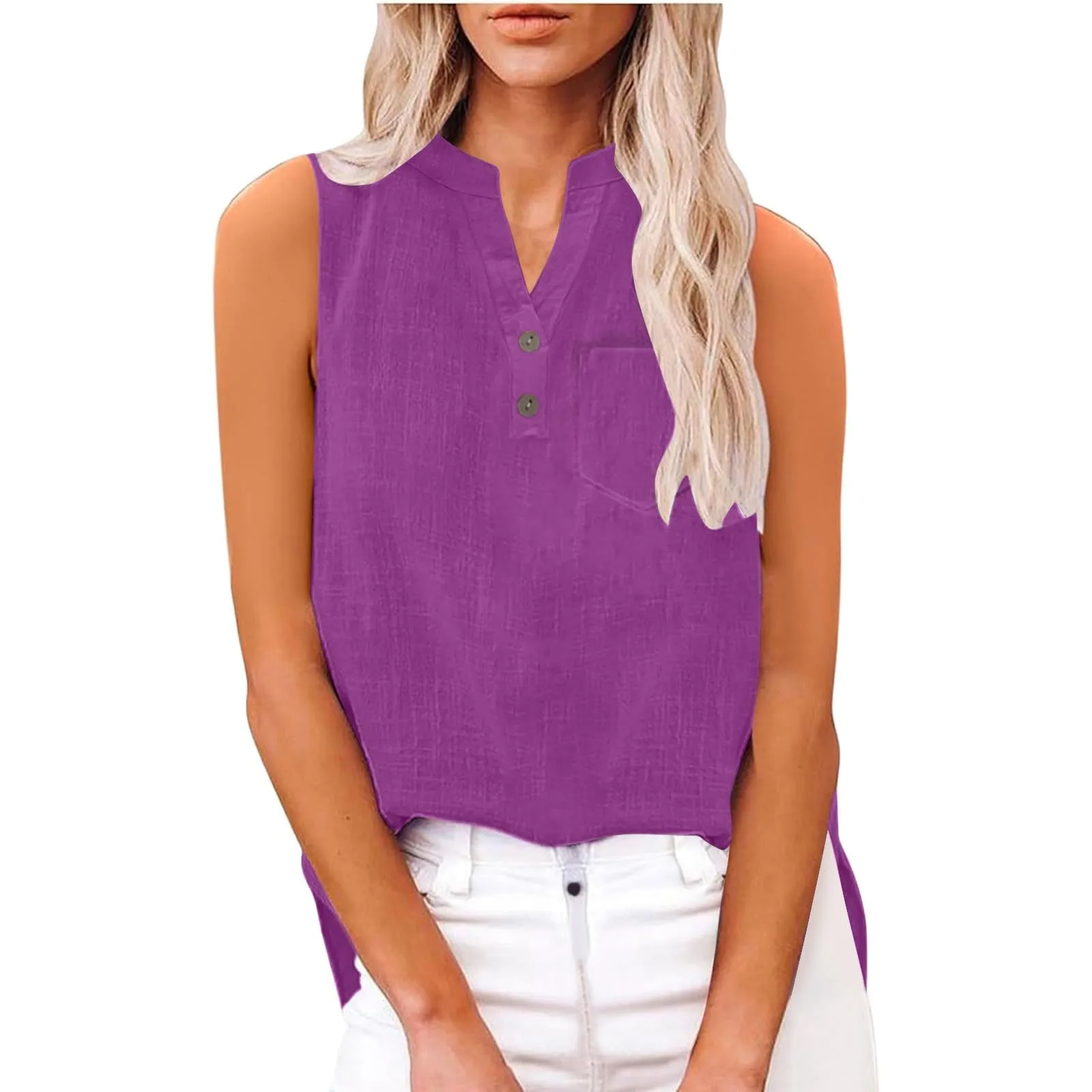 Camicetta in lino da donna, estiva, oversize, senza maniche, elegante, con scollo a V, per il tempo libero, grandi dimensioni, camicetta per tutti i giorni, PP1, M - immagine 7