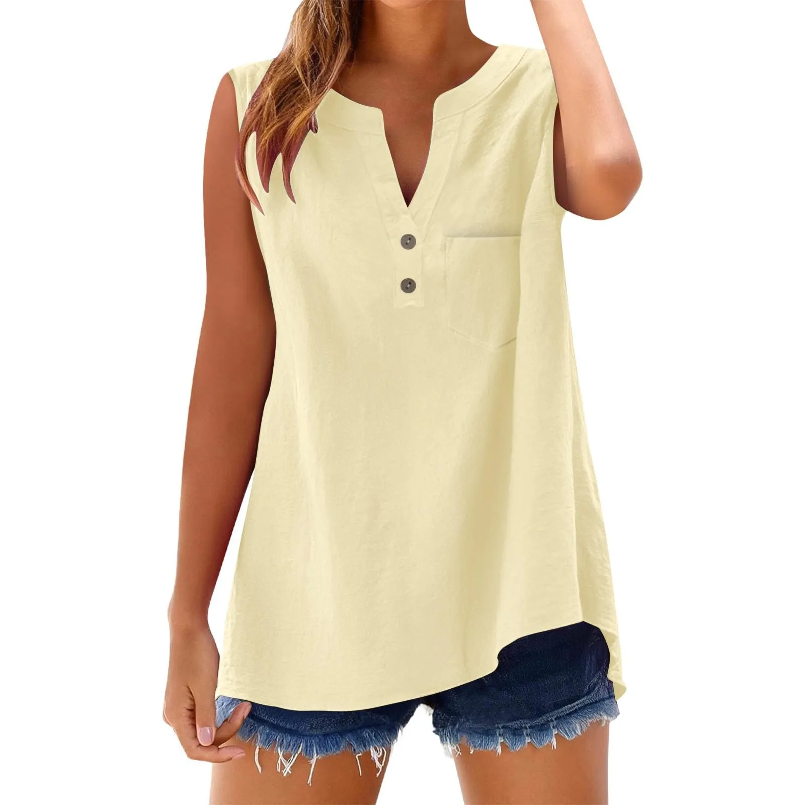 Camicetta in lino da donna, estiva, oversize, senza maniche, elegante, con scollo a V, per il tempo libero, grandi dimensioni, camicetta per tutti i giorni, giallo., 3XL - immagine 4
