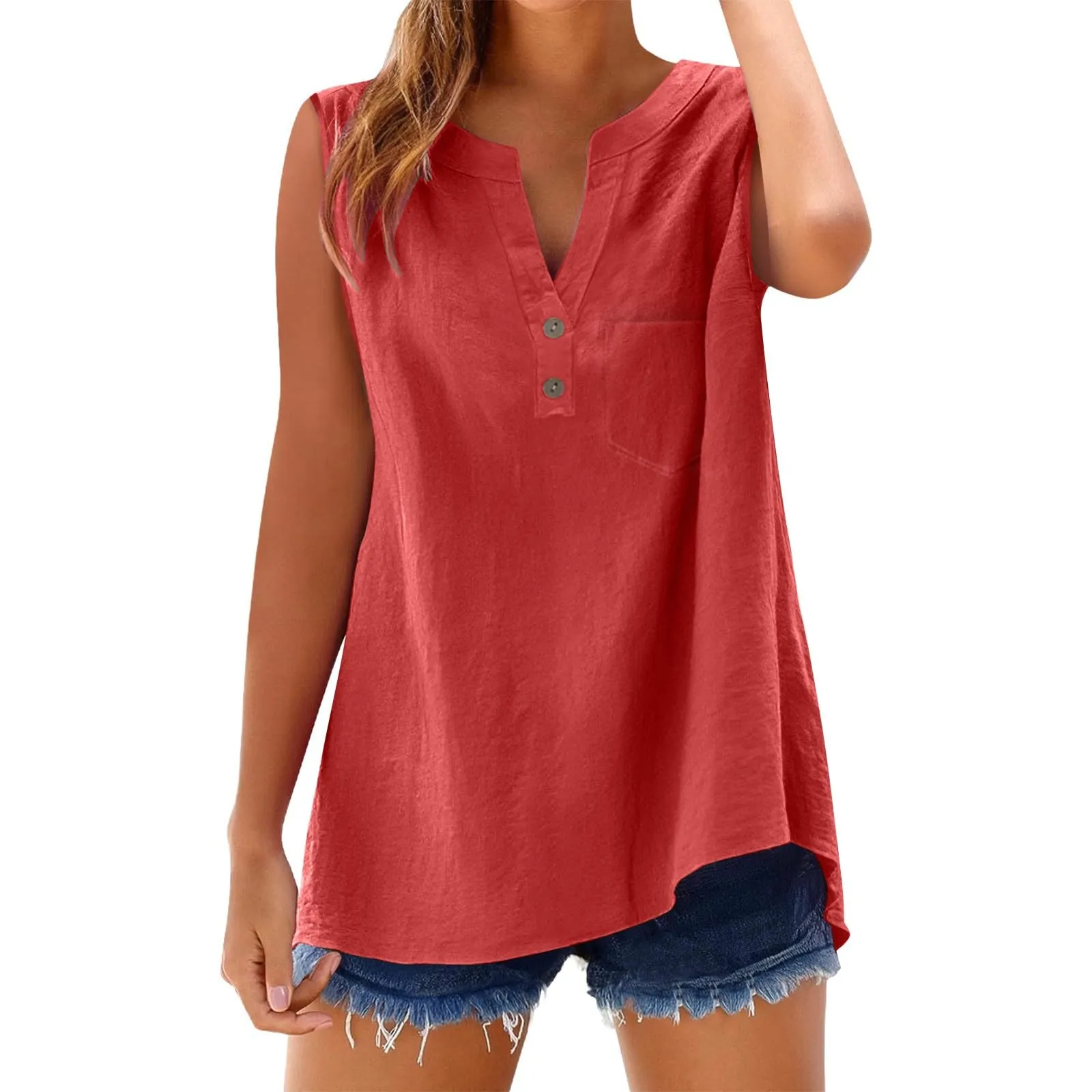 Camicetta in lino da donna, estiva, oversize, senza maniche, elegante, con scollo a V, per il tempo libero, grandi dimensioni, camicetta per tutti i giorni, Colore: rosso, 5XL - immagine 1