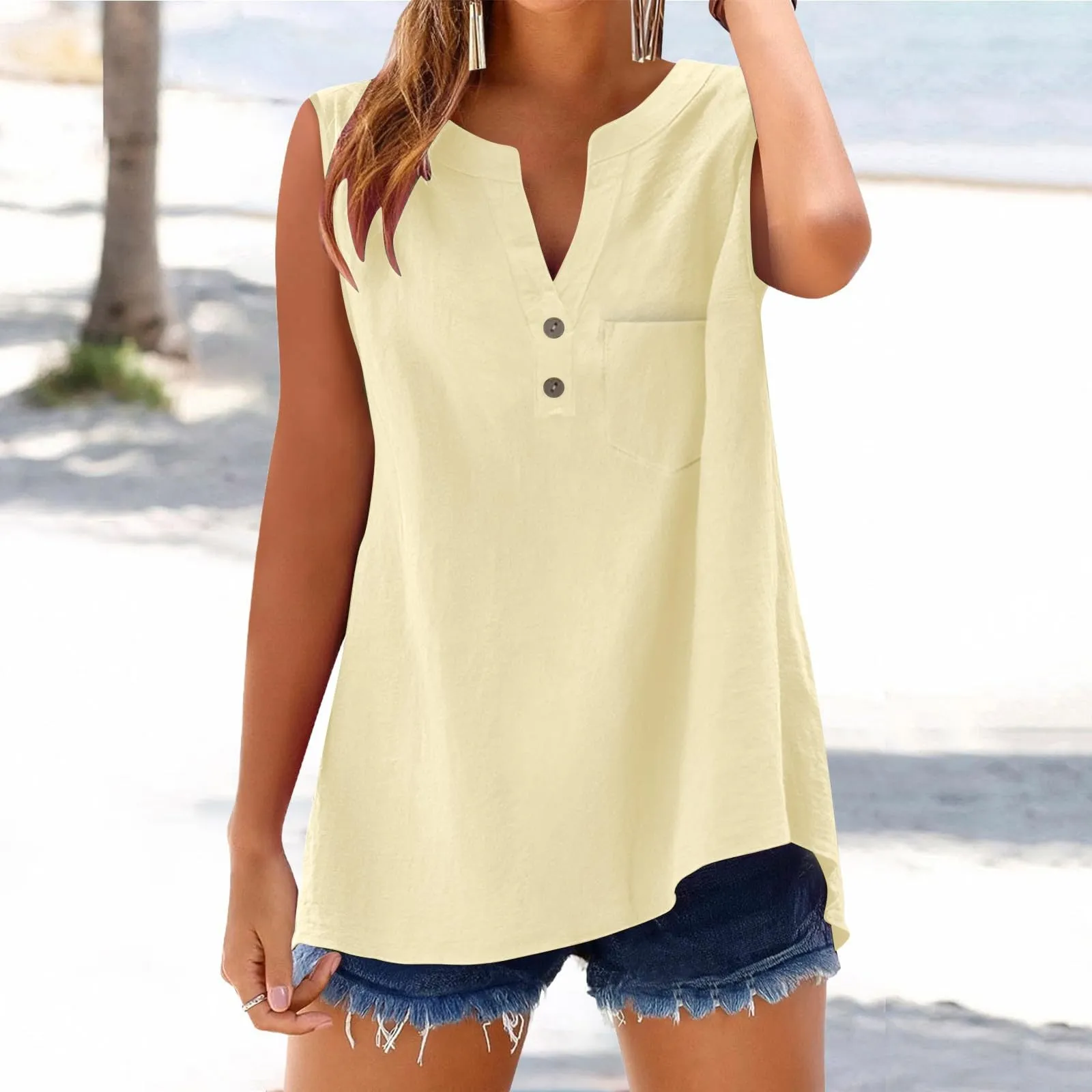 Camicia in lino da donna estiva, oversize, senza maniche, elegante, con scollo a V, per ragazze adolescenti, casual, in lino, a maniche lunghe, in taglie grandi, blusa, per l'abbigliamento quotidiano - immagine 2