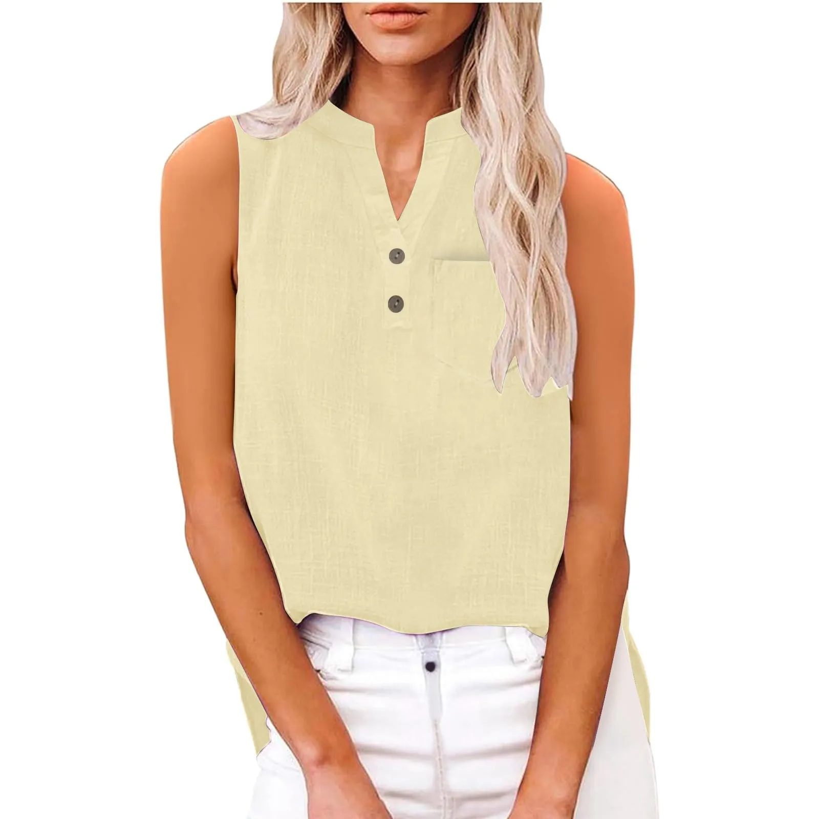 Camicia in lino da donna estiva, oversize, senza maniche, elegante, con scollo a V, per ragazze adolescenti, casual, in lino, a maniche lunghe, in taglie grandi, blusa, per l'abbigliamento quotidiano - immagine 7