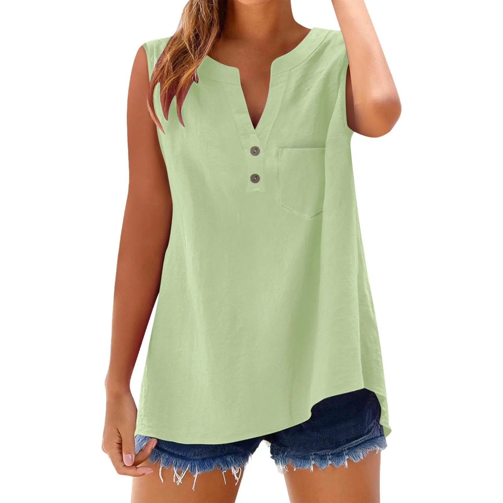 Camicetta in lino da donna, estiva, oversize, senza maniche, elegante, con scollo a V, per il tempo libero, grandi dimensioni, camicetta per tutti i giorni, Gn1, L - immagine 4