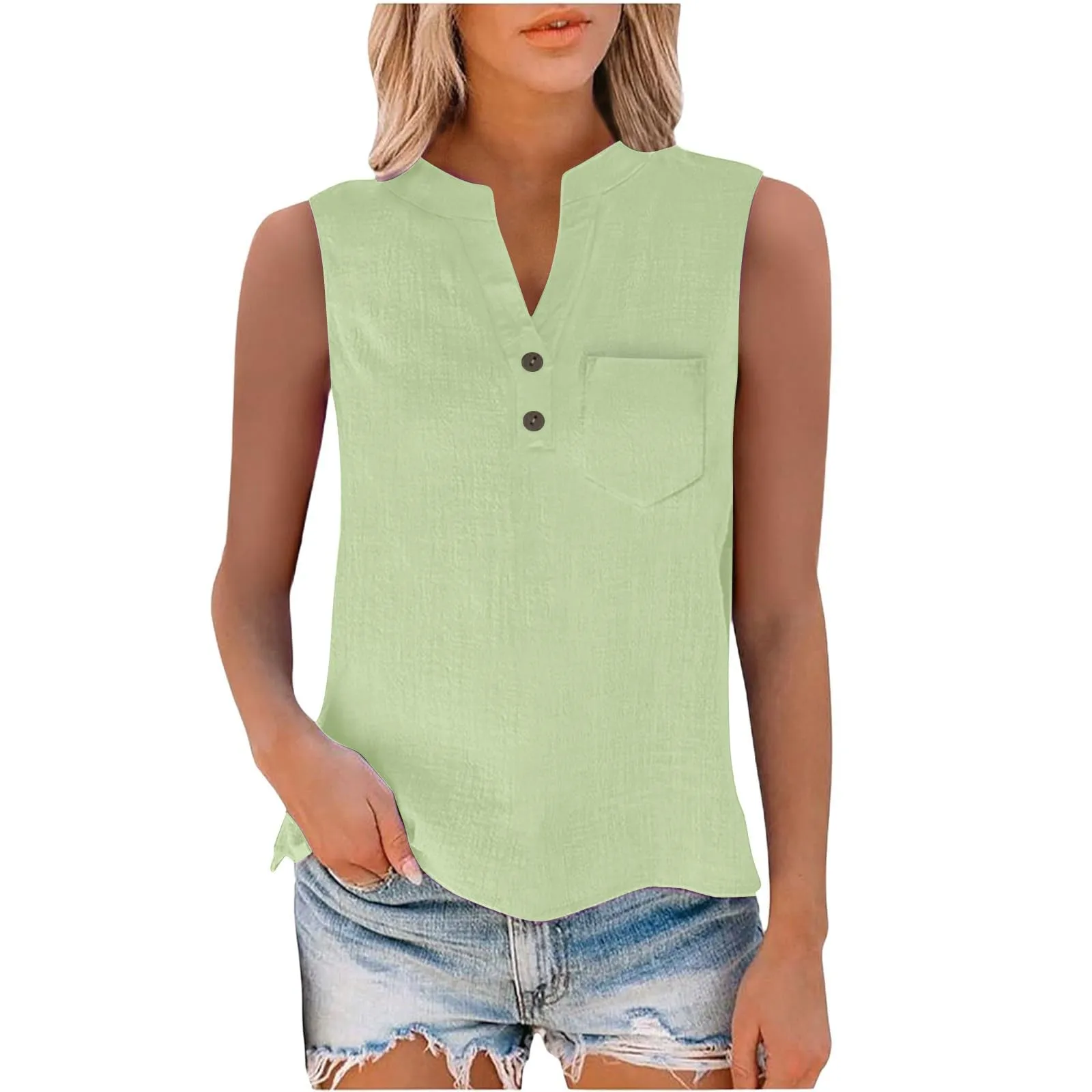 Camicetta in lino da donna, estiva, oversize, senza maniche, elegante, con scollo a V, per il tempo libero, grandi dimensioni, camicetta per tutti i giorni, Gn1, L - immagine 6