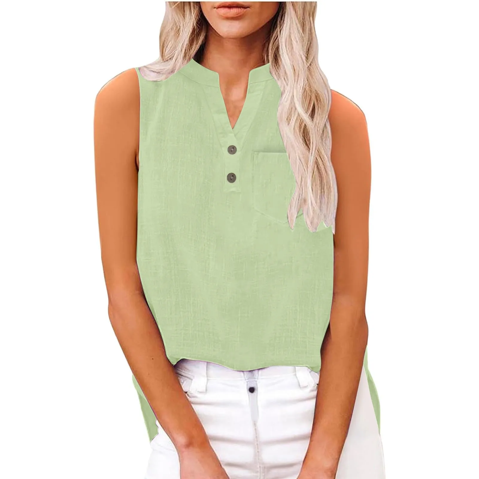 Camicetta in lino da donna, estiva, oversize, senza maniche, elegante, con scollo a V, per il tempo libero, grandi dimensioni, camicetta per tutti i giorni, Gn1, L - immagine 7