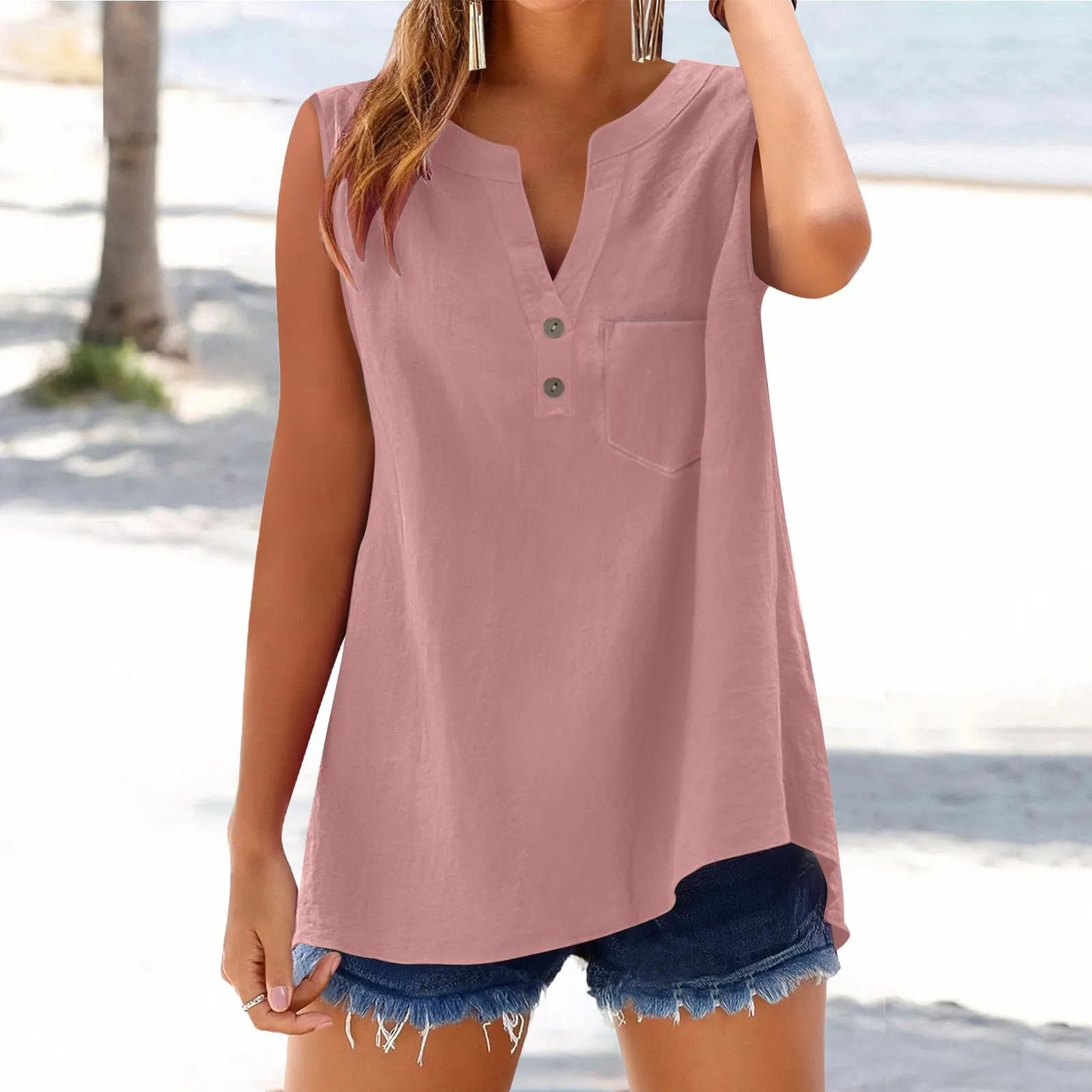 Camicetta in lino da donna, estiva, oversize, senza maniche, elegante, con scollo a V, per il tempo libero, grandi dimensioni, camicetta per tutti i giorni, Colore: rosa., S - immagine 2