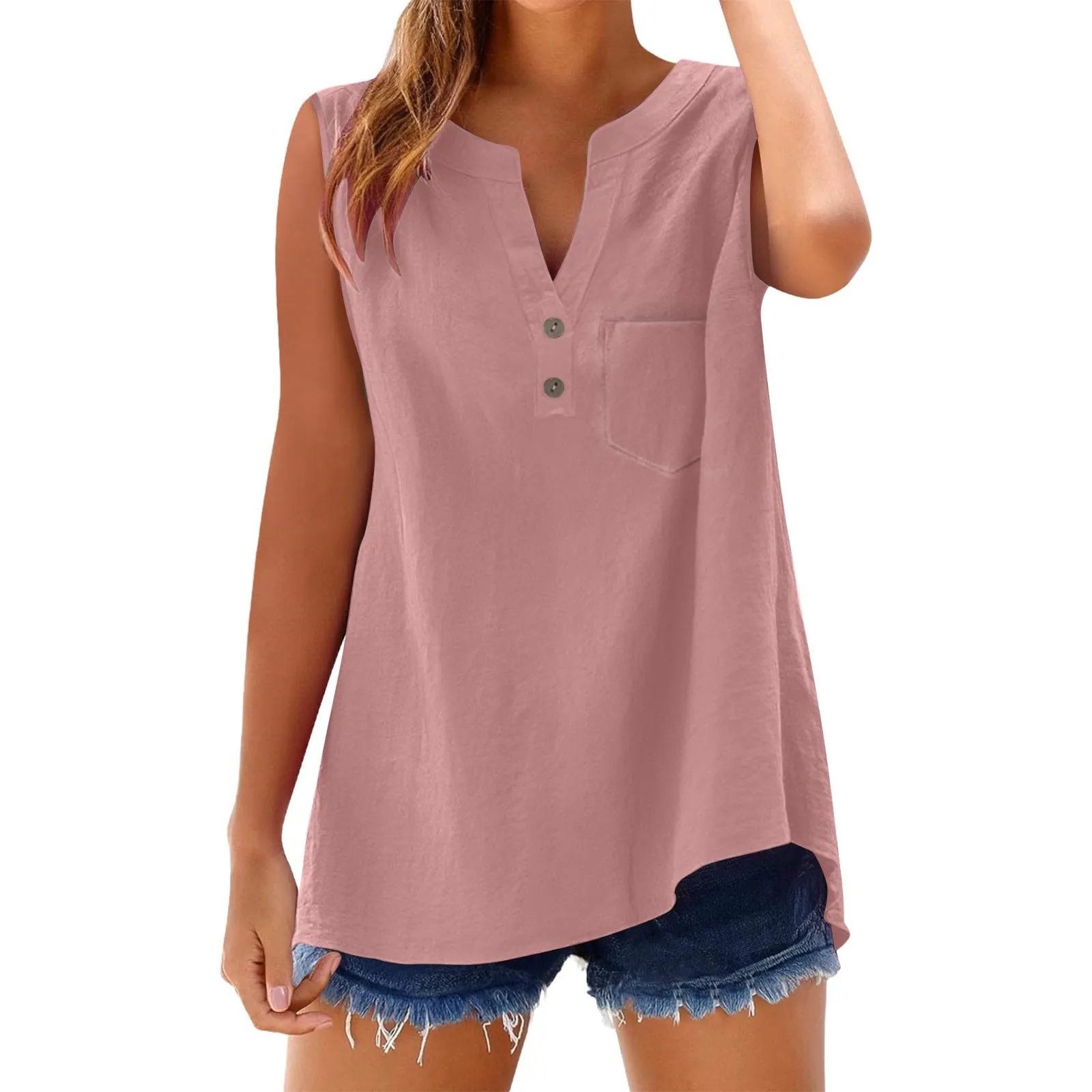 Camicetta in lino da donna, estiva, oversize, senza maniche, elegante, con scollo a V, per il tempo libero, grandi dimensioni, camicetta per tutti i giorni, Colore: rosa., S - immagine 4