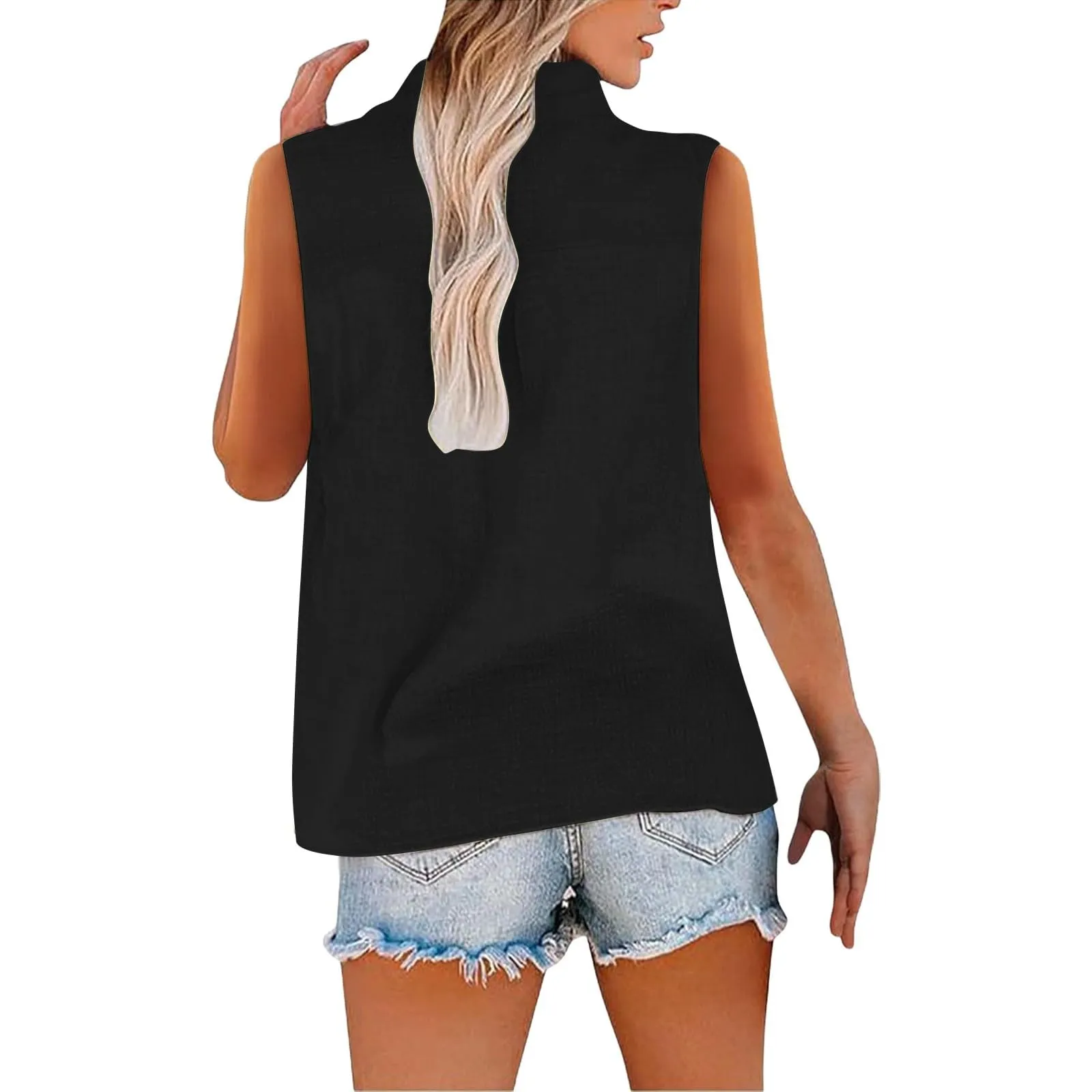Camicetta in lino da donna, estiva, oversize, senza maniche, elegante, con scollo a V, per il tempo libero, grandi dimensioni, camicetta per tutti i giorni, Nero , S - immagine 5