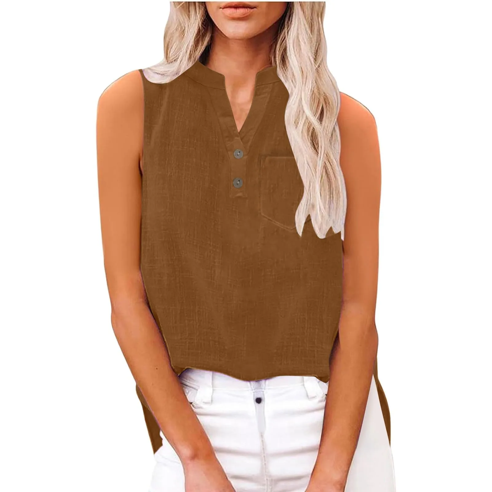 Camicetta in lino da donna, estiva, oversize, senza maniche, elegante, con scollo a V, per il tempo libero, grandi dimensioni, camicetta per tutti i giorni, marrone, S - immagine 7