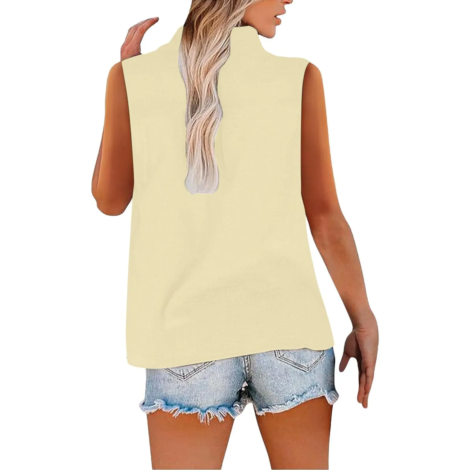Camicetta in lino da donna, estiva, oversize, senza maniche, elegante, con scollo a V, per il tempo libero, grandi dimensioni, camicetta per tutti i giorni, giallo., L - immagine 5